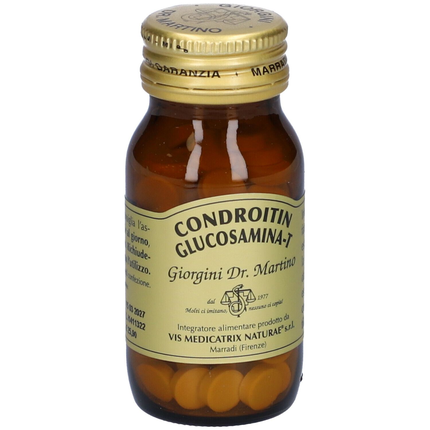 Flacone in vetro marrone con compresse. Scritta: Chondroitin Glucosamin-T, Giorgini Dr. Martino. Retro con testo.