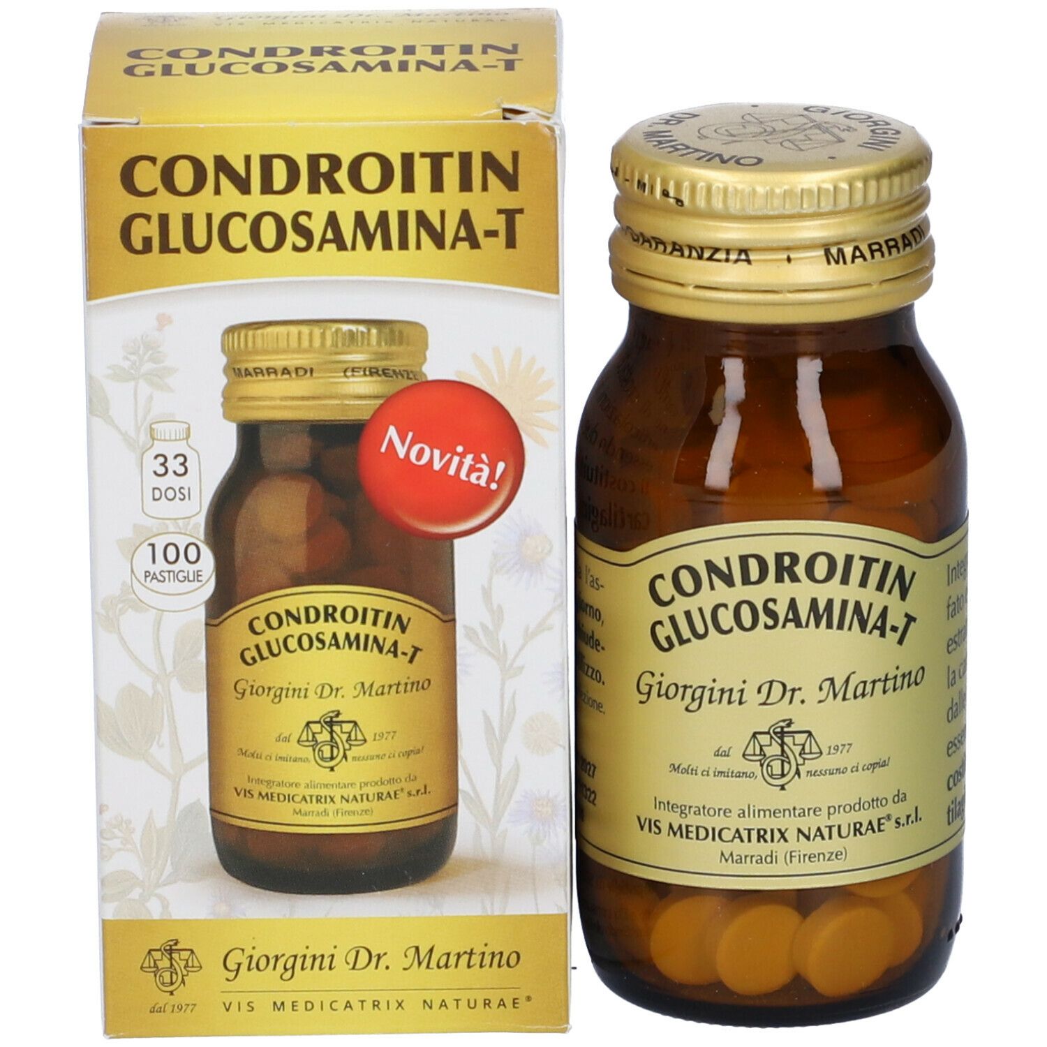 Flacone in vetro marrone e confezione. Scritta: Chondroitin Glucosamin-T, Giorgini Dr. Martino. Adesivo rosso: Novità!