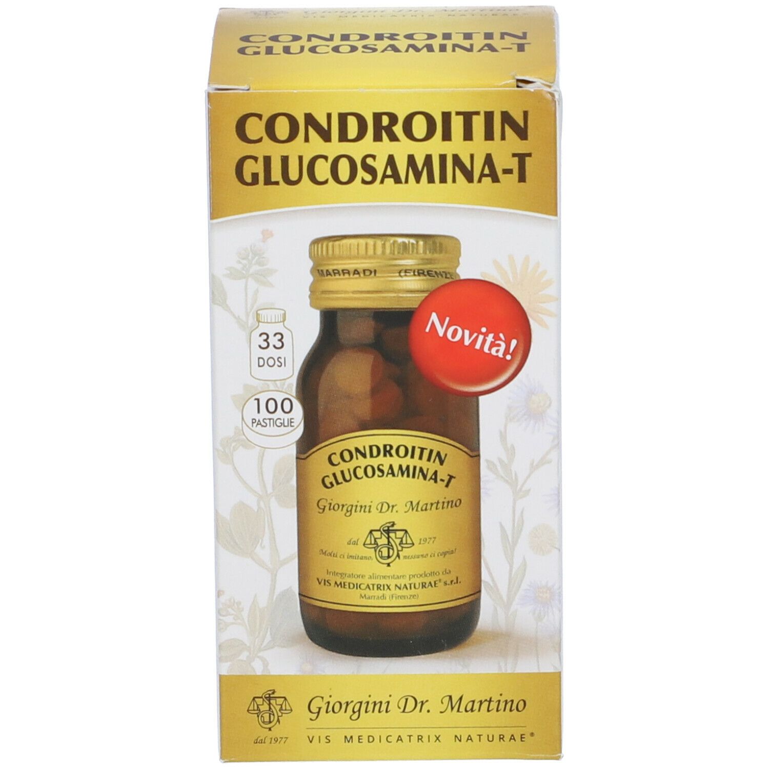 Confezione con flacone in vetro marrone. Scritta: Chondroitin Glucosamin-T, Giorgini Dr. Martino. Adesivo rosso: Novità!