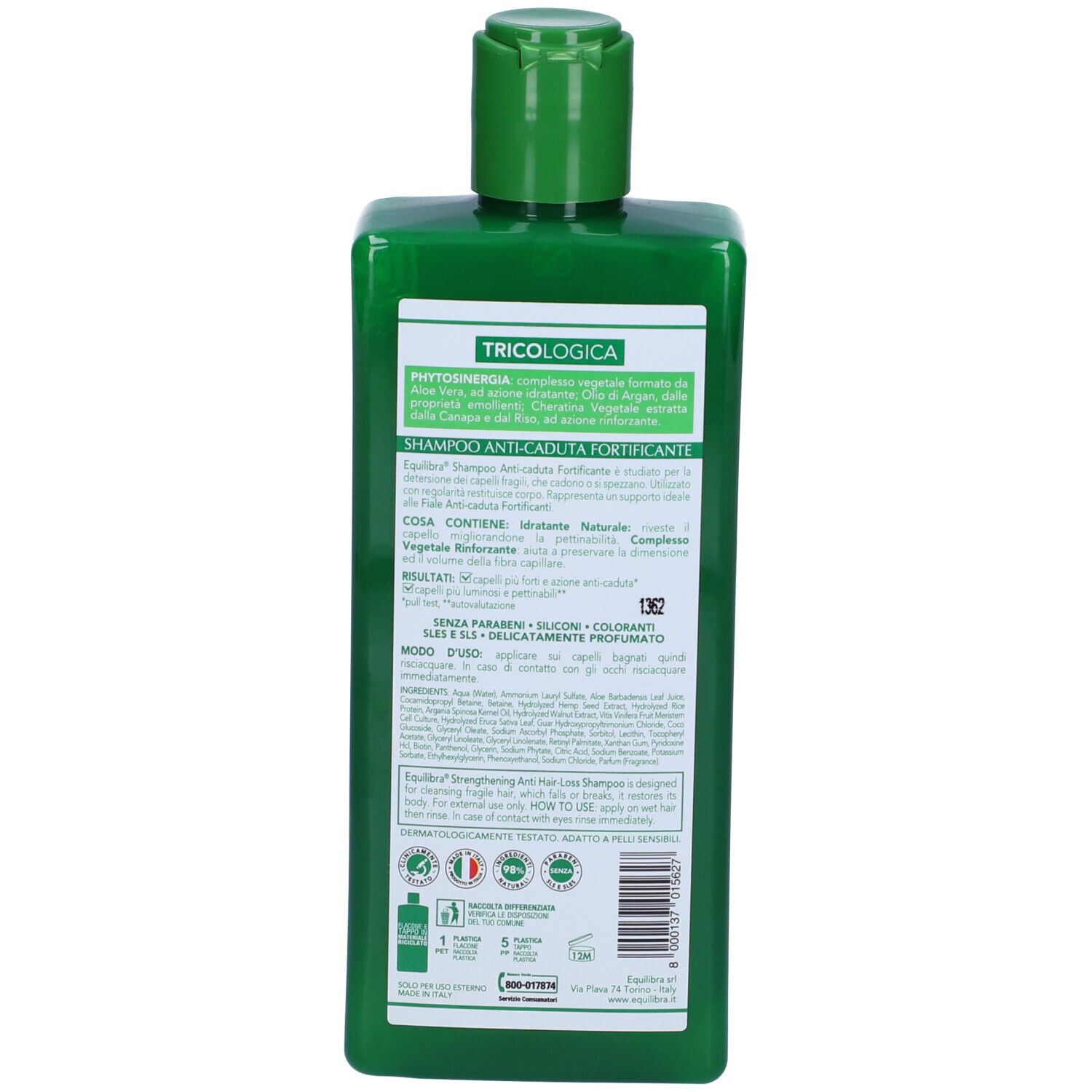 Grüne Flasche mit grünem Verschluss, Rückseite mit Etikett für Anti-Haarausfall-Shampoo.