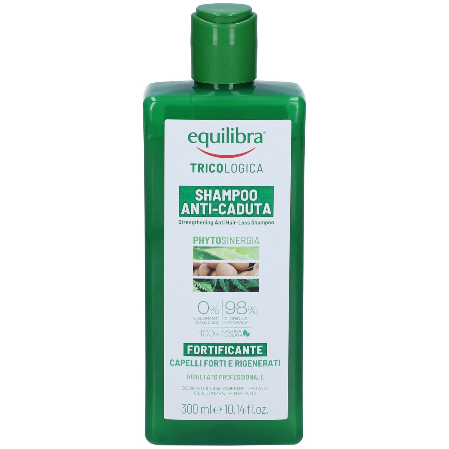 Grüne Flasche Equilibra Tricologica Shampoo Anti-Caduta gegen Haarausfall, 300 ml.