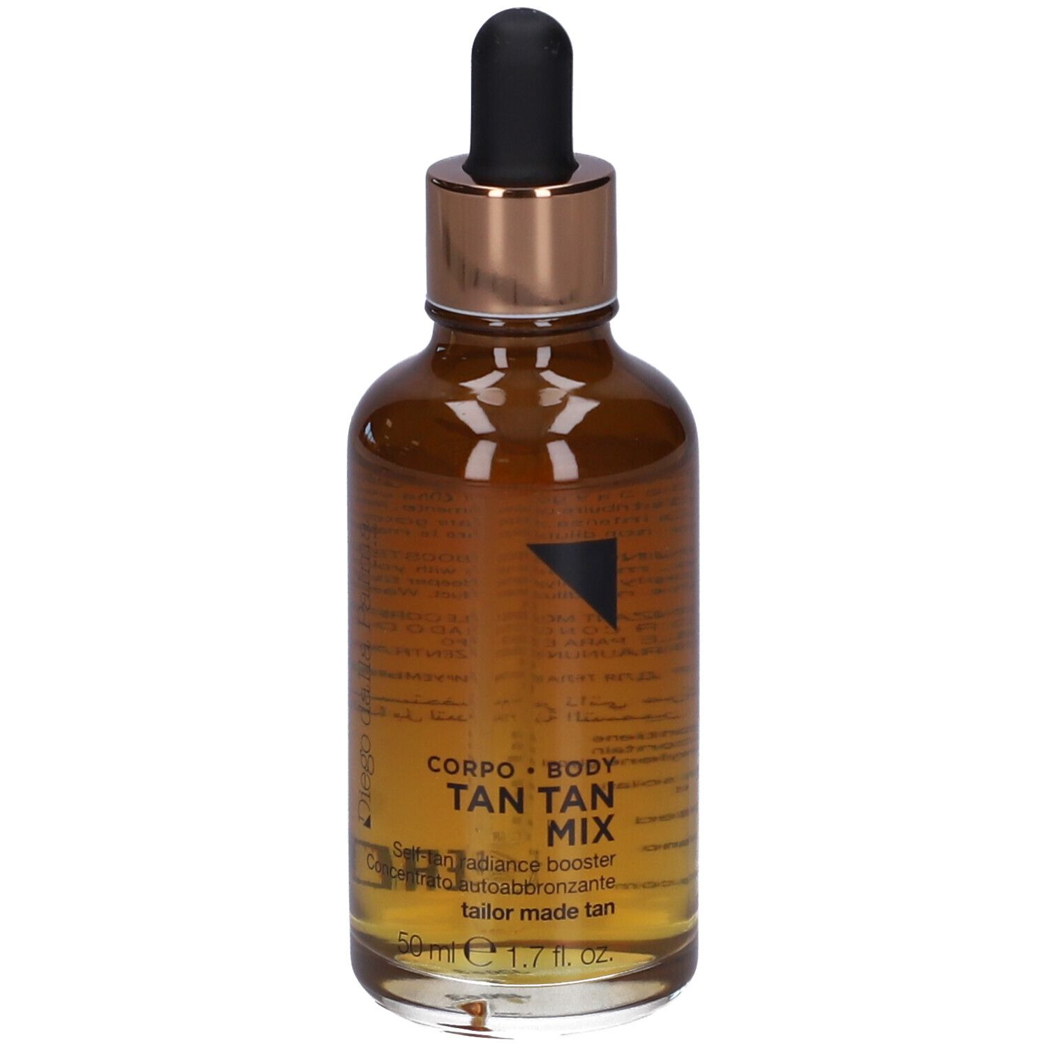 Flacone di vetro marrone con contagocce nero. Scritta: TAN TAN MIX, 50 ml.