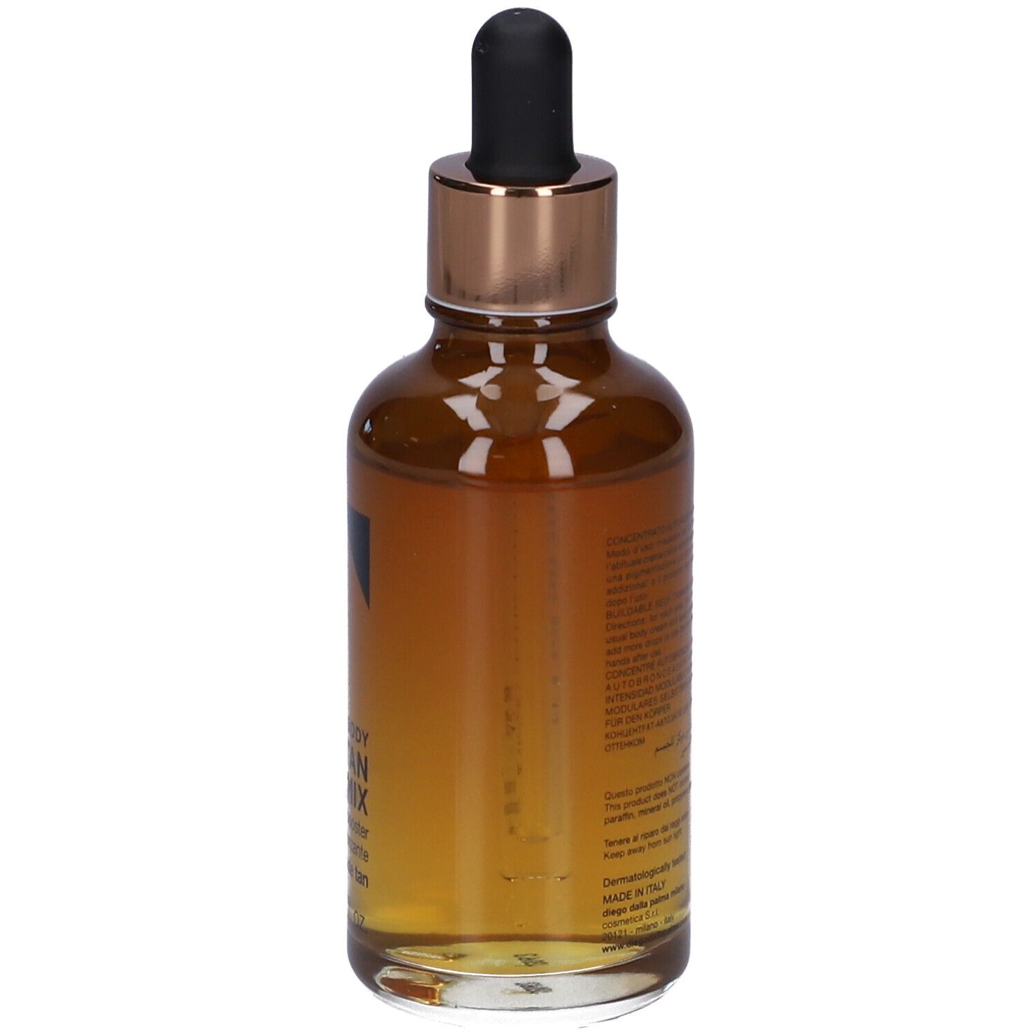 Flacone di vetro marrone con contagocce nero. Retro con testo. Scritta: TAN TAN MIX.