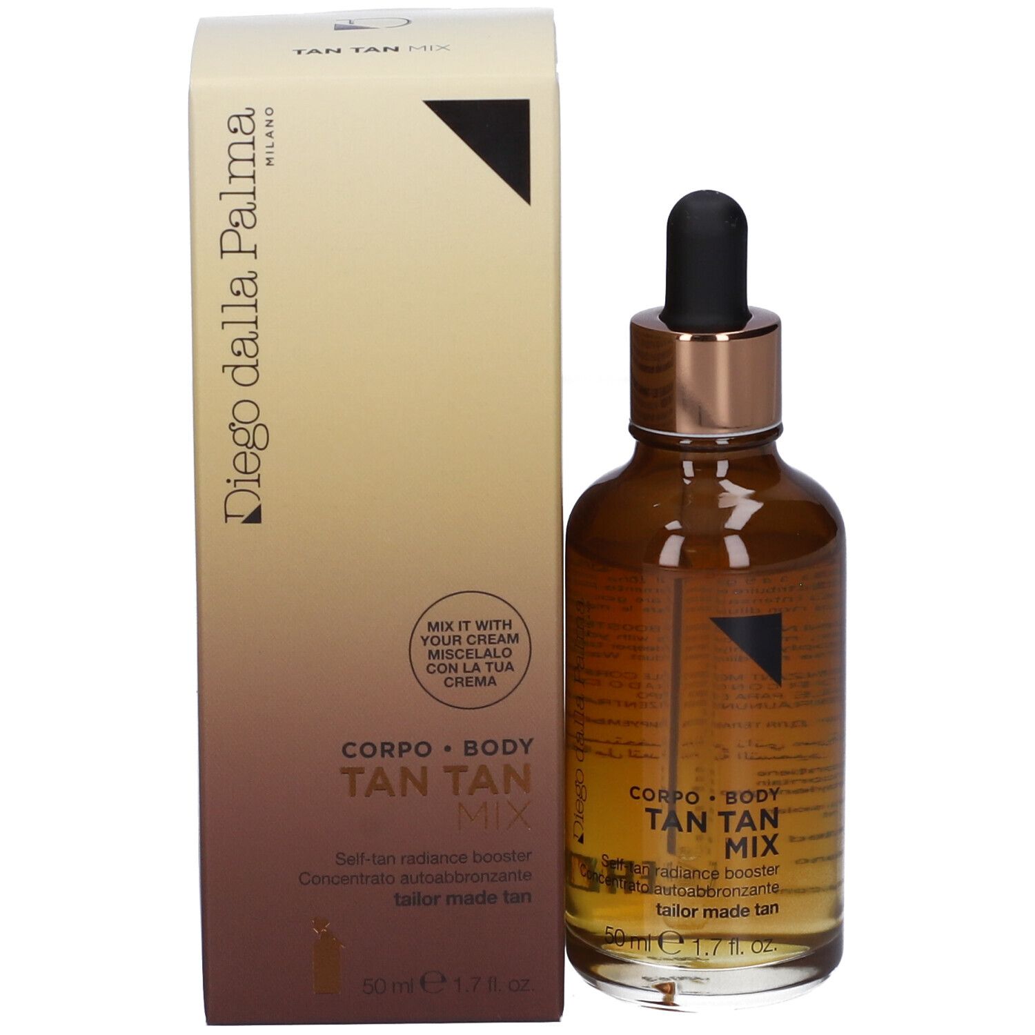 Flacone marrone con contagocce nero e confezione. Scritta: TAN TAN MIX, Diego dalla Palma.