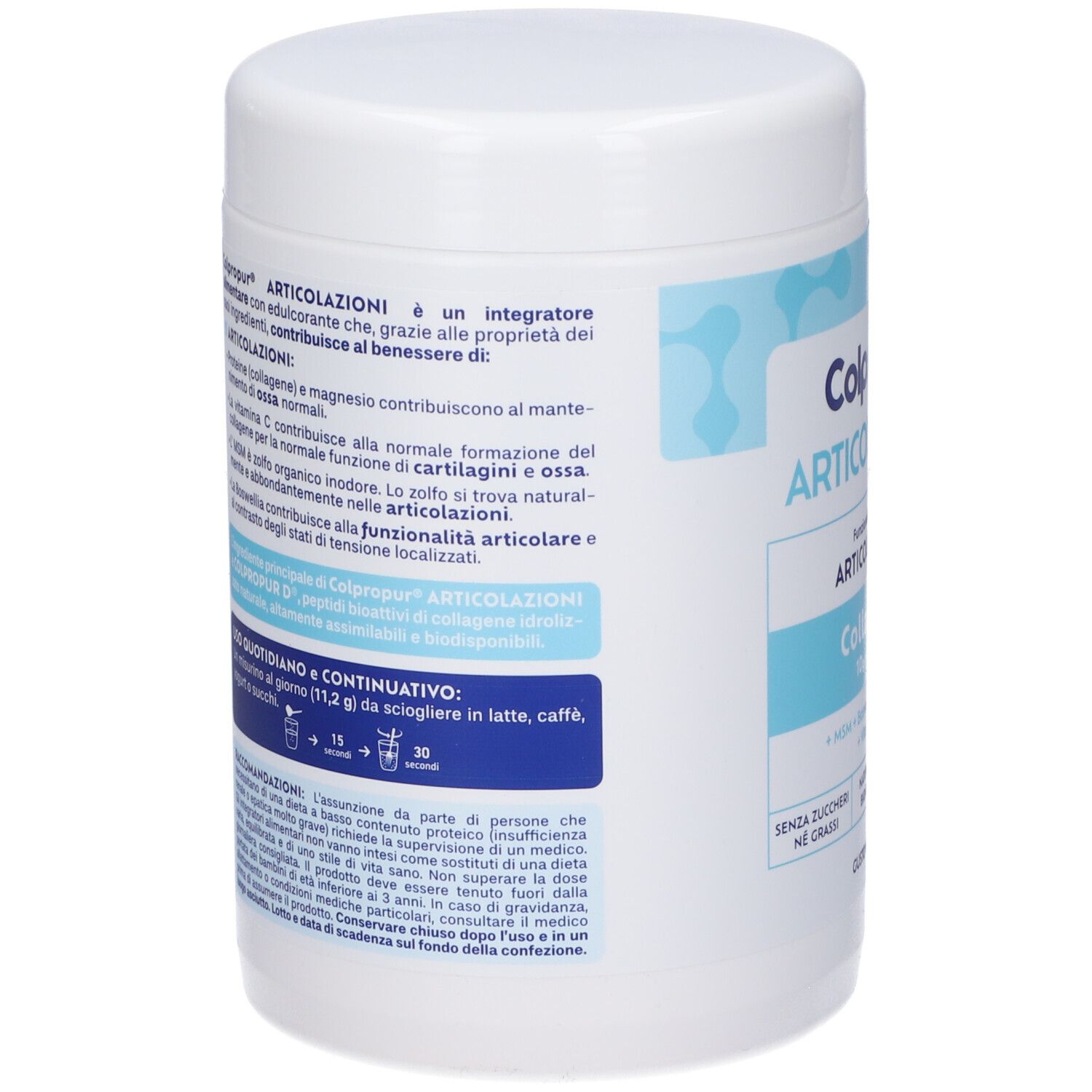 Rückseite einer Dose Colpropur Articolazioni Kollagenpulver mit Produktinformationen.
