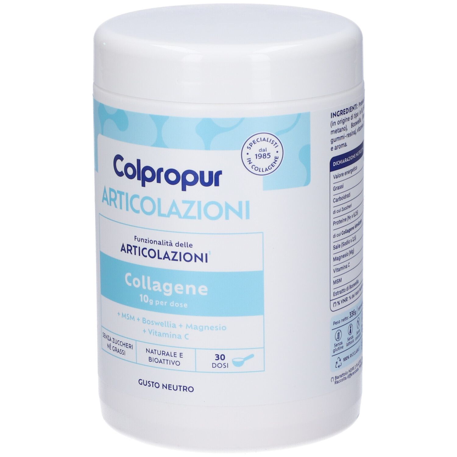 Vorderseite einer Dose Colpropur Articolazioni Kollagenpulver. Enthält 30 Dosen.