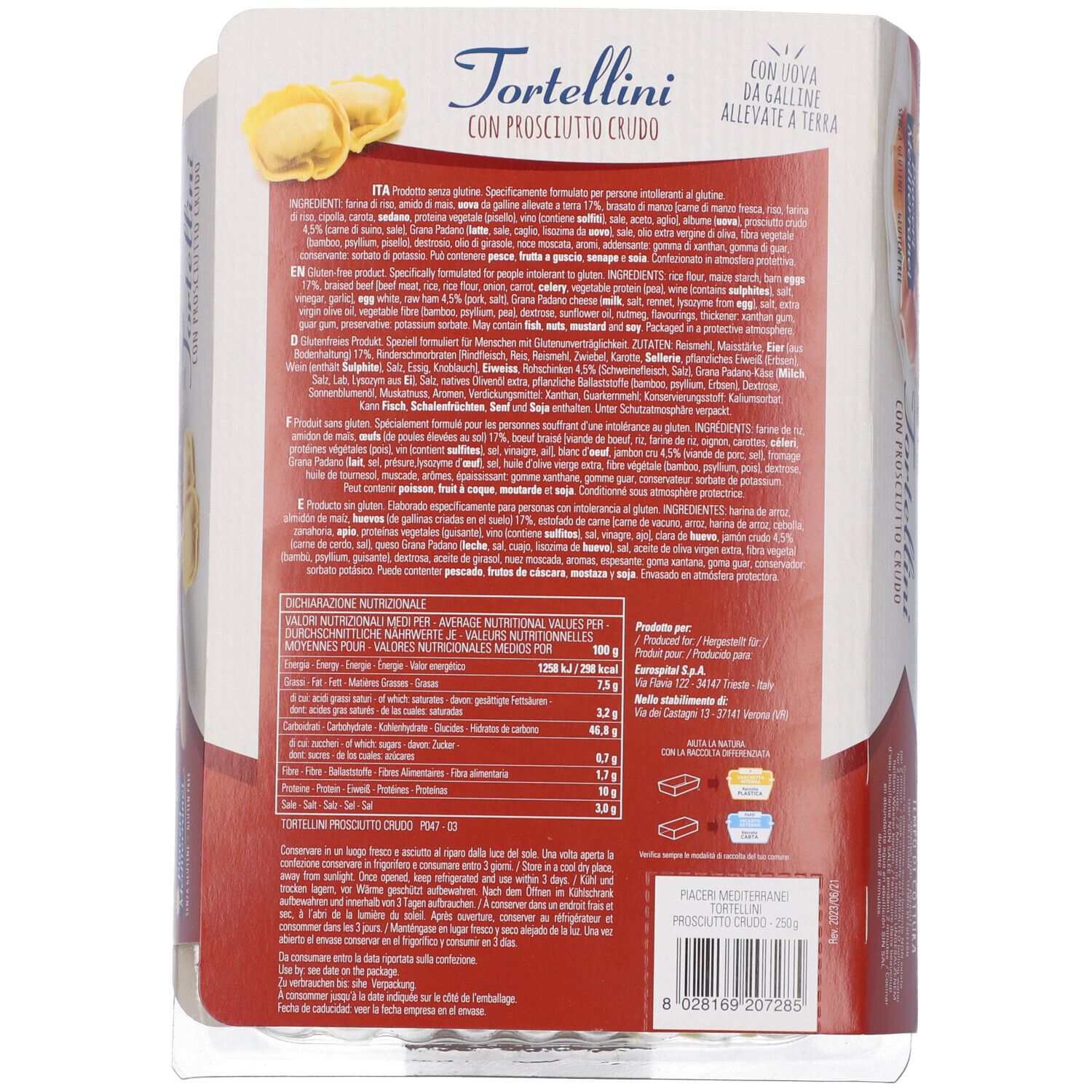 Retro confezione Tortellini con Prosciutto Crudo. Testo, informazioni nutrizionali, lista ingredienti, logo.