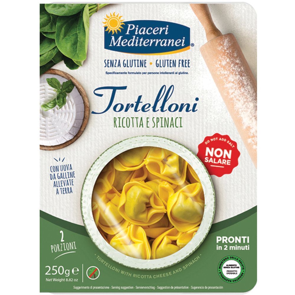 Confezione di Tortelloni Ricotta e Spinaci. Visibile: logo, testo, 2 porzioni, 250g, senza glutine, senza sale.