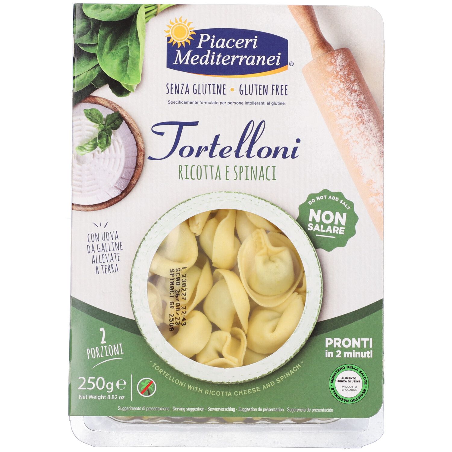 Confezione di Tortelloni Ricotta e Spinaci. Visibile: logo, testo, 2 porzioni, 250g, senza glutine, senza sale.