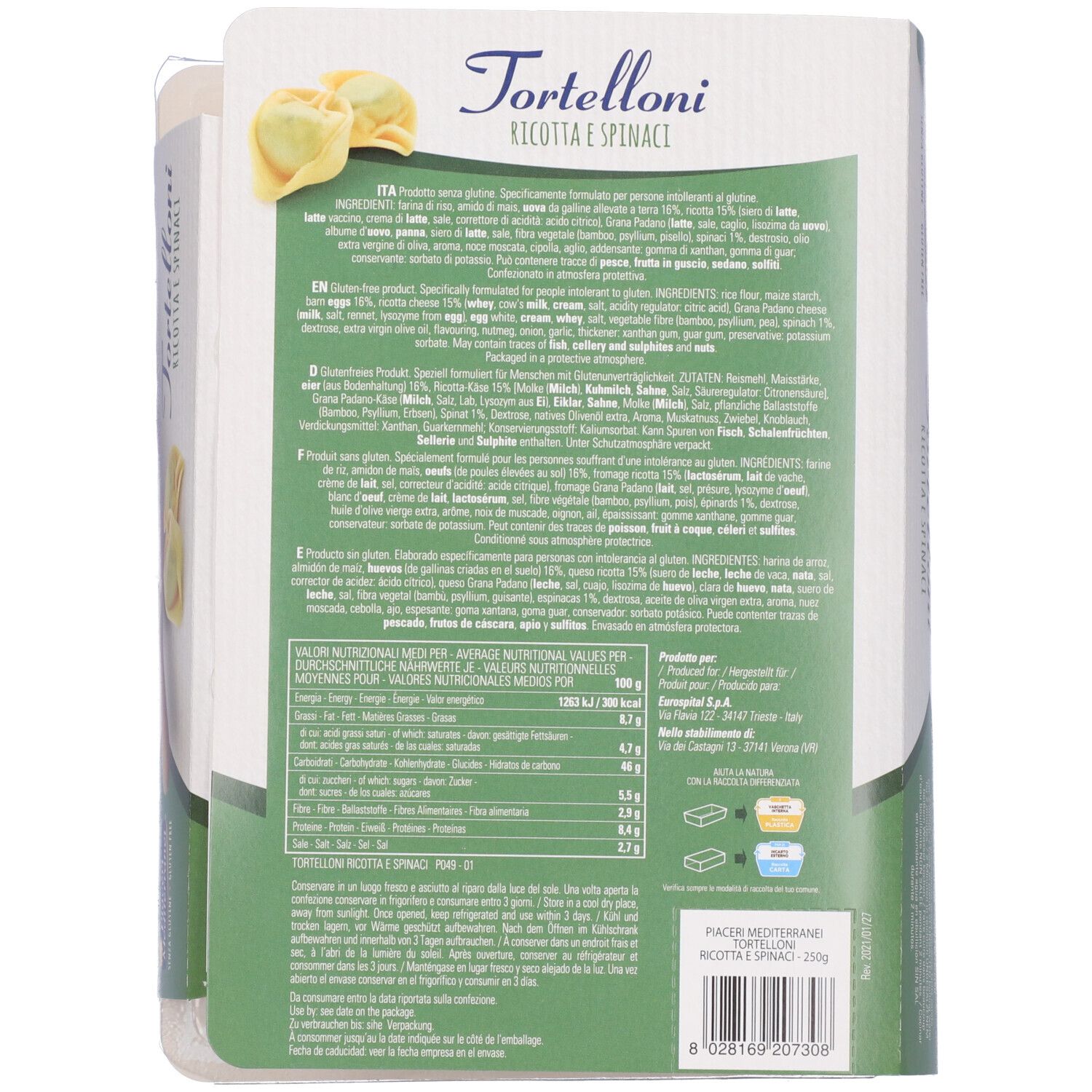 Retro della confezione di Tortelloni Ricotta e Spinaci. Visibile: lista ingredienti, valori nutrizionali, logo, testo.