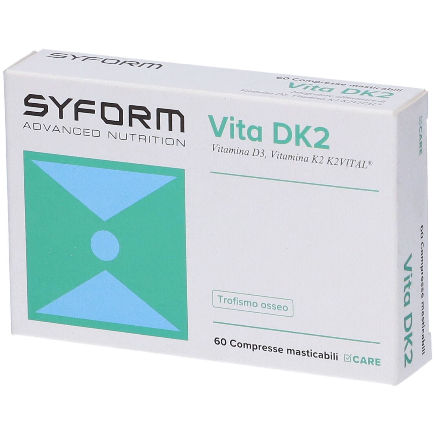 Scatola bianca Vita DK2, Syform. Contiene 60 compresse. Grafica verde-azzurra.