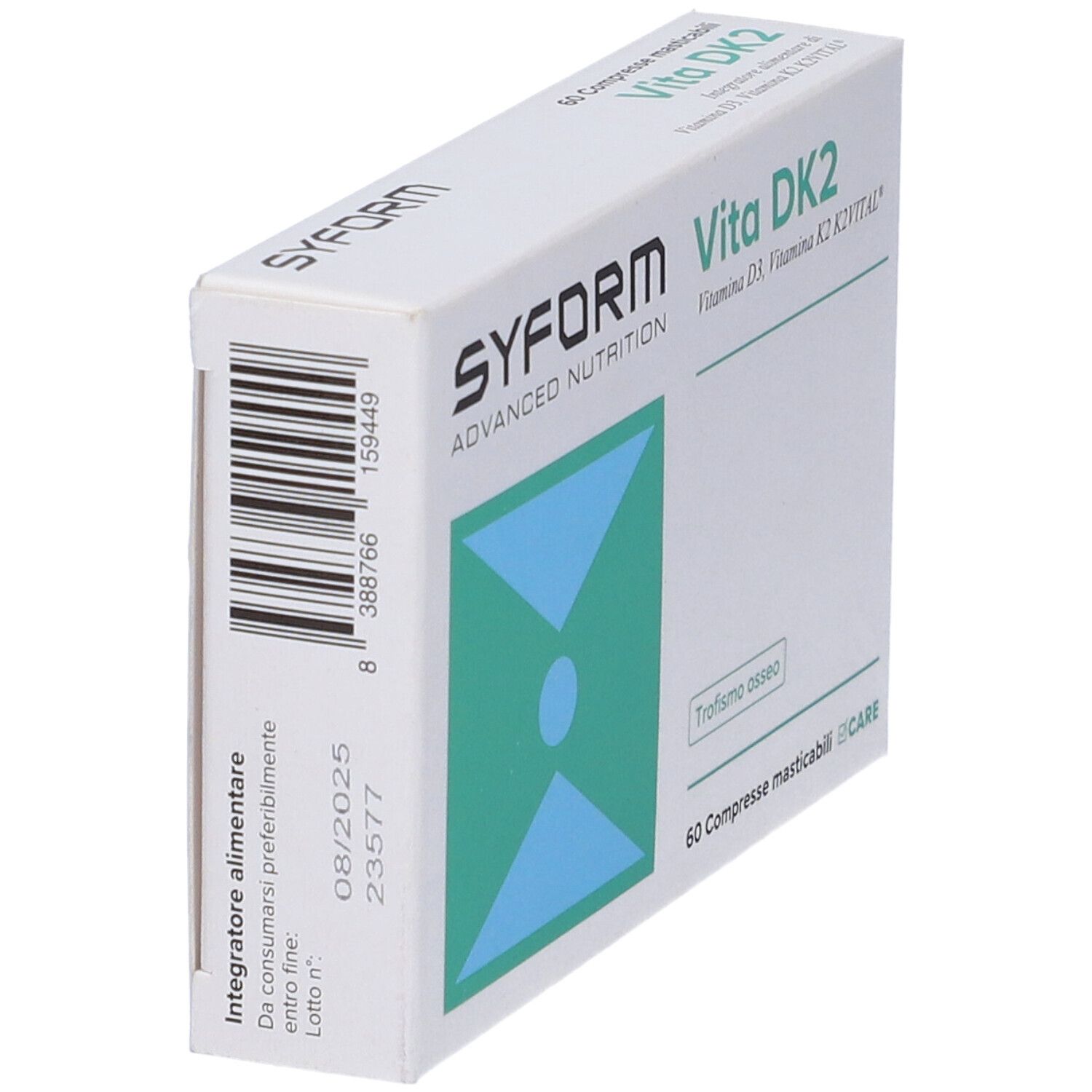 Scatola bianca Vita DK2, Syform. Contiene 60 compresse. Codice a barre e scadenza.