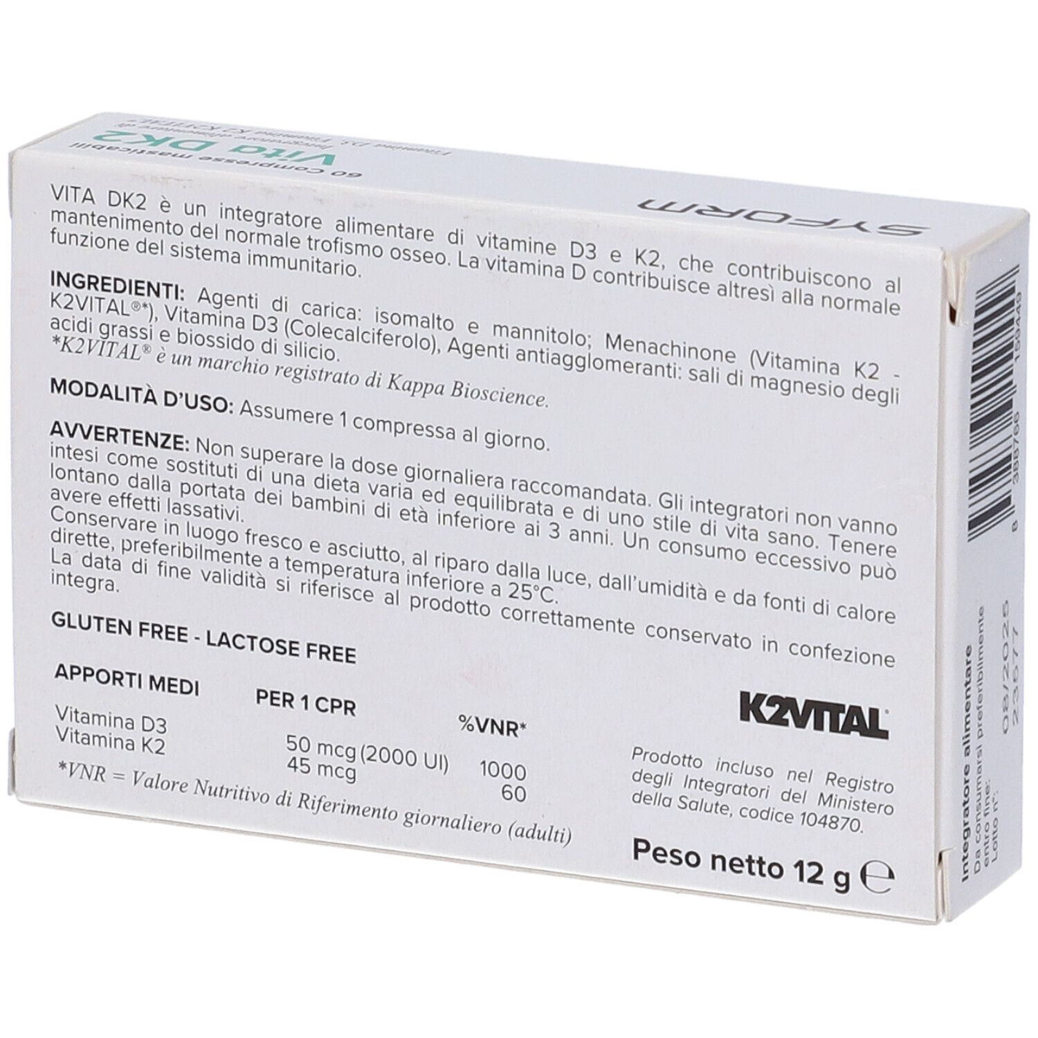 Retro della scatola Vita DK2. Contiene informazioni sugli ingredienti e i valori nutrizionali.