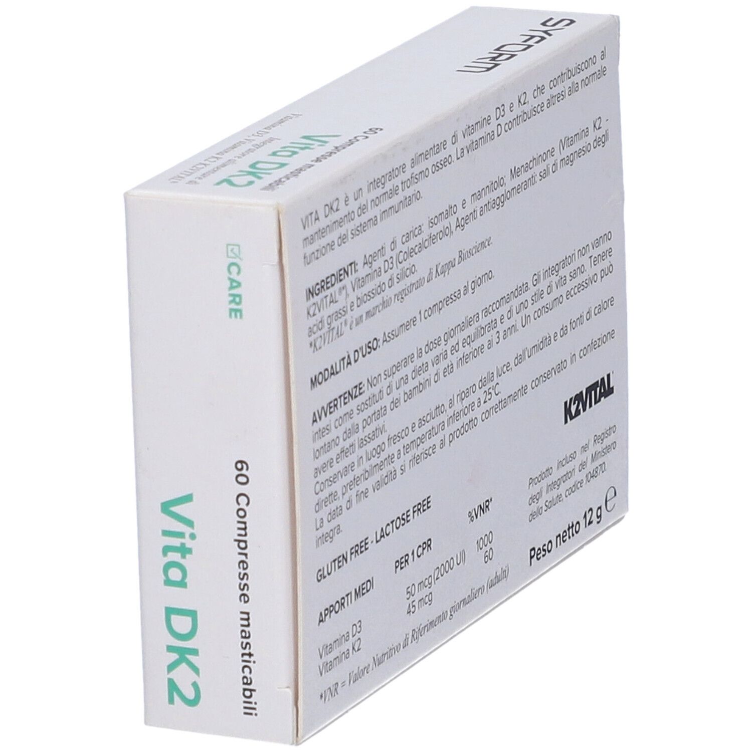 Scatola Vita DK2, vista laterale. Contiene informazioni sugli ingredienti e i valori nutrizionali.