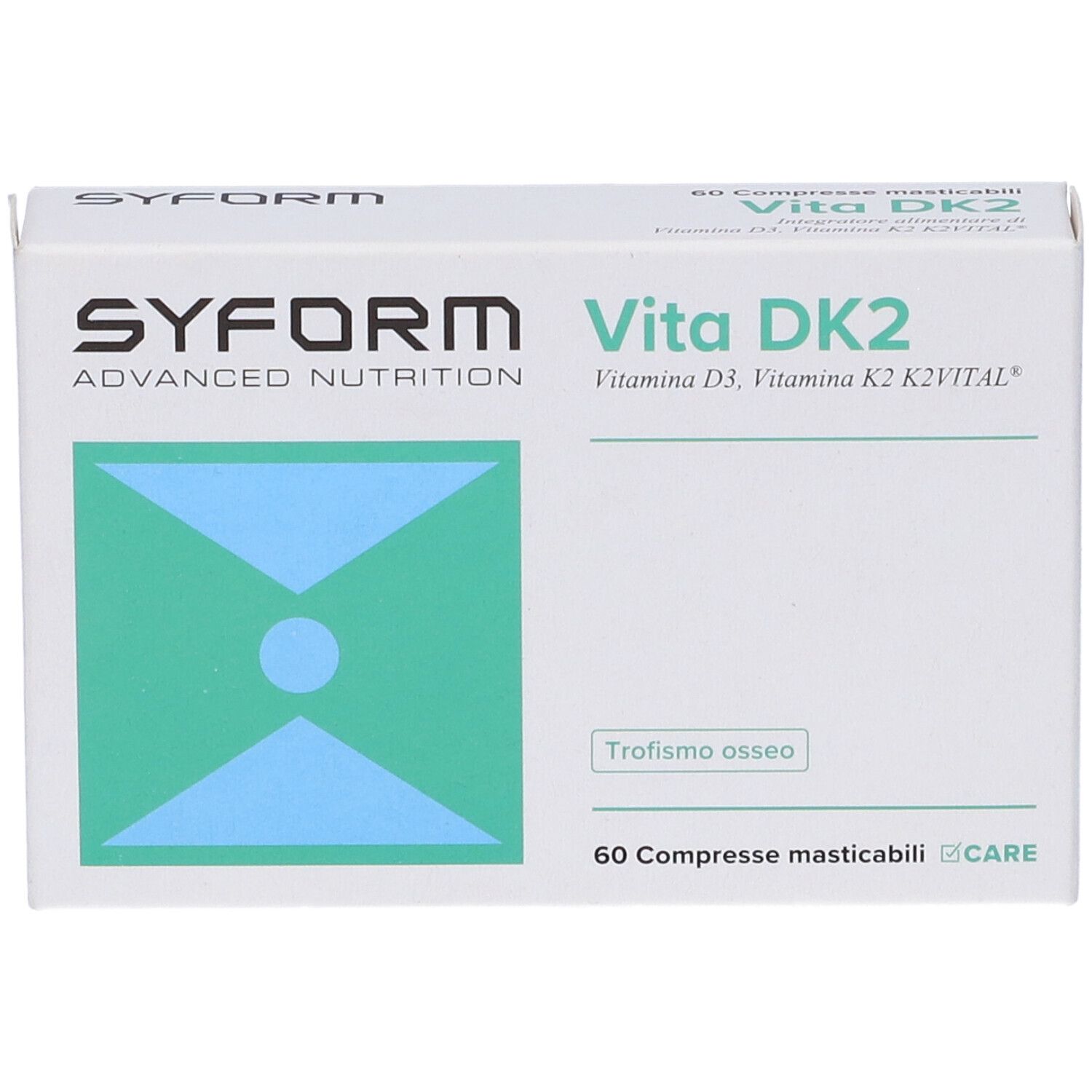 Scatola bianca Vita DK2, Syform. Contiene 60 compresse. Grafica verde-azzurra.