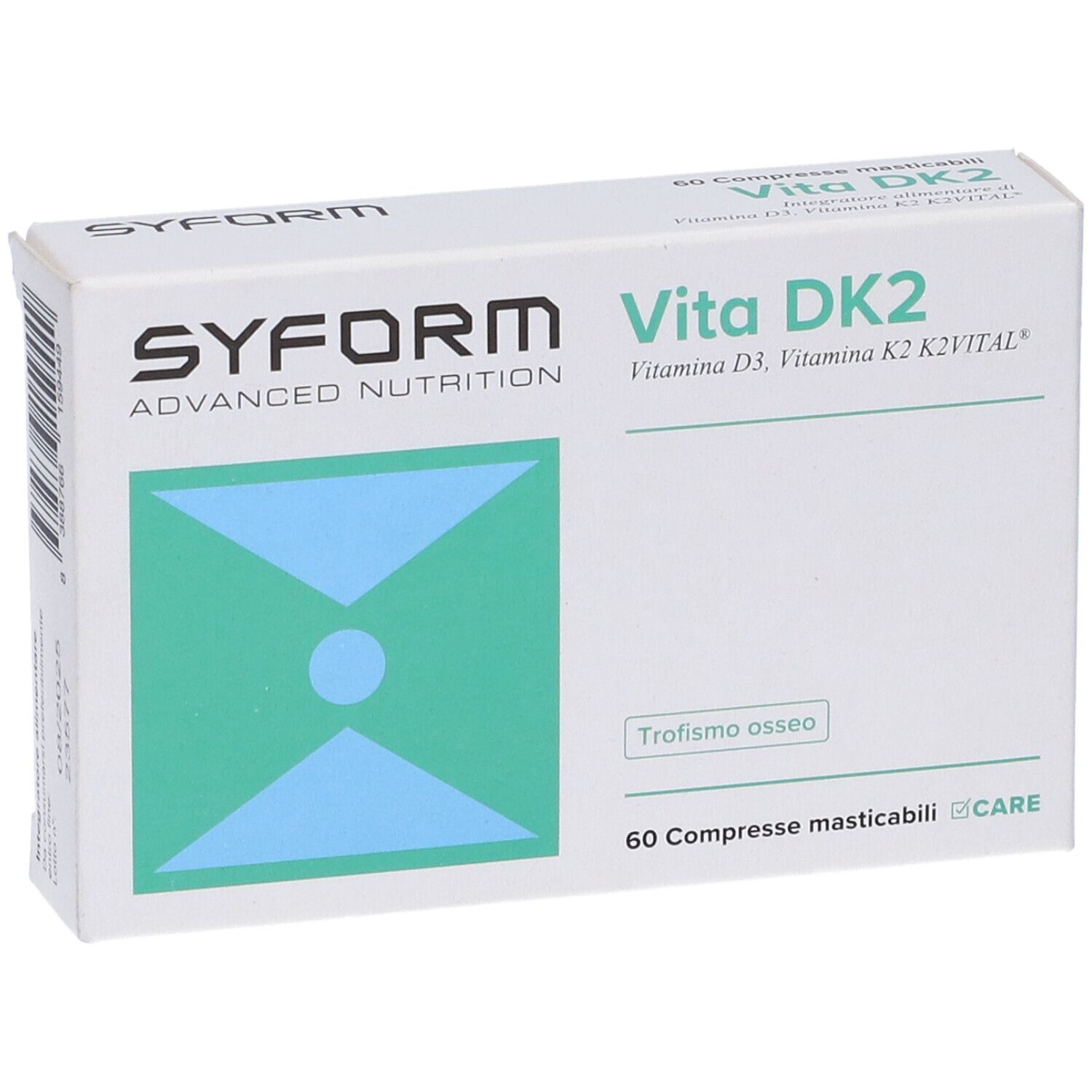 Scatola bianca Vita DK2, Syform. Contiene 60 compresse. Grafica verde-azzurra.
