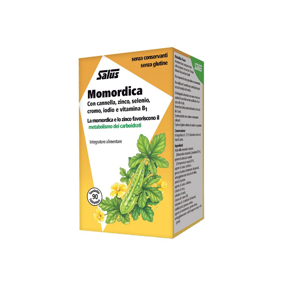 Scatola gialla Salus Momordica. Scritta: Momordica, cannella, zinco, selenio, cromo, iodio, vitamina B1. 90 compresse.