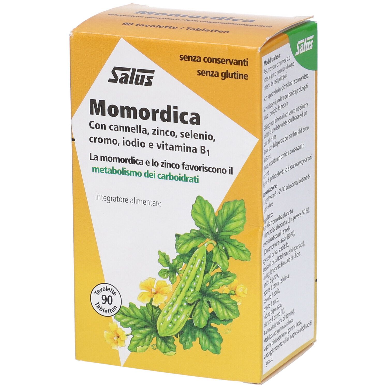 Scatola gialla Salus Momordica. Scritta: Momordica, cannella, zinco, selenio, cromo, iodio, vitamina B1. 90 compresse. Senza conservanti.