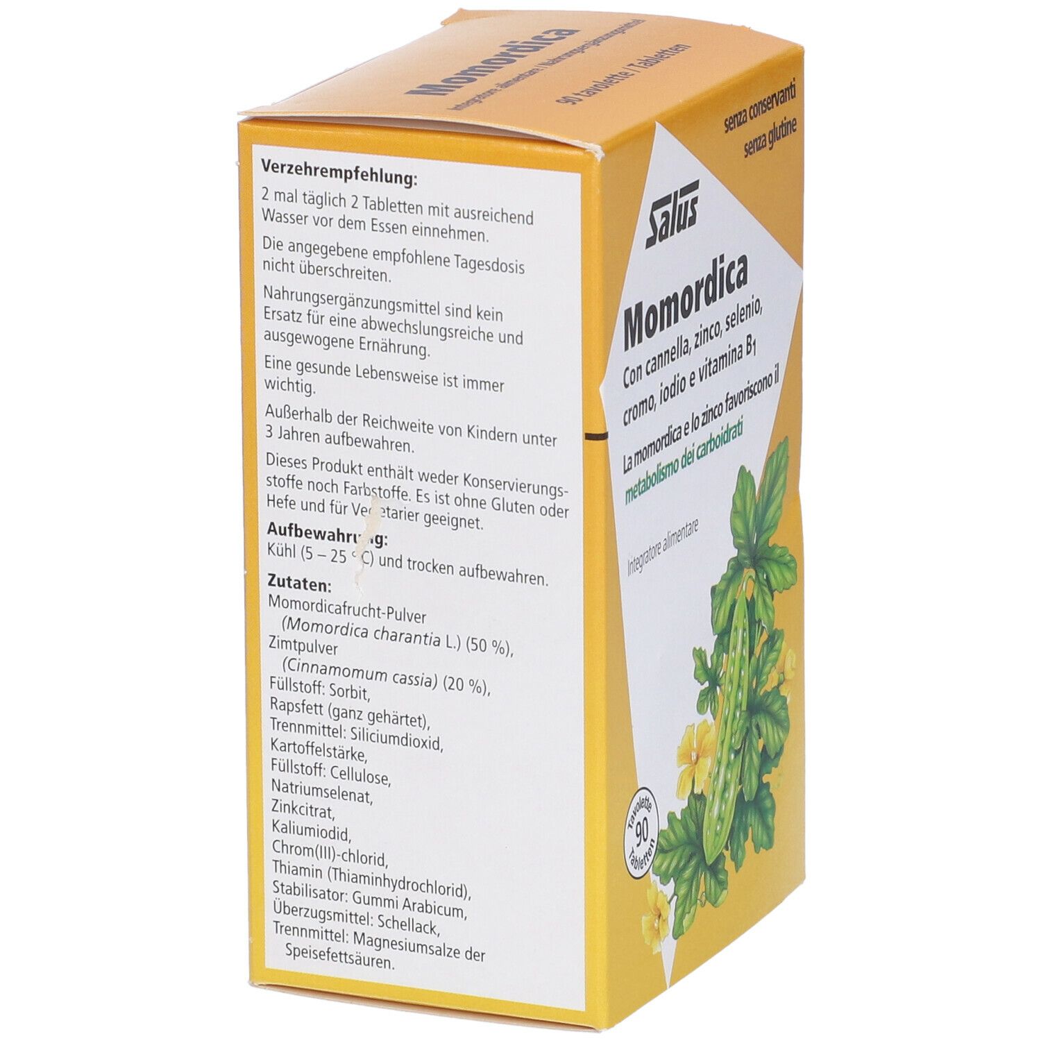 Scatola gialla Salus Momordica. Retro con testo. Informazioni su dosaggio, ingredienti e valori nutrizionali. 90 compresse.