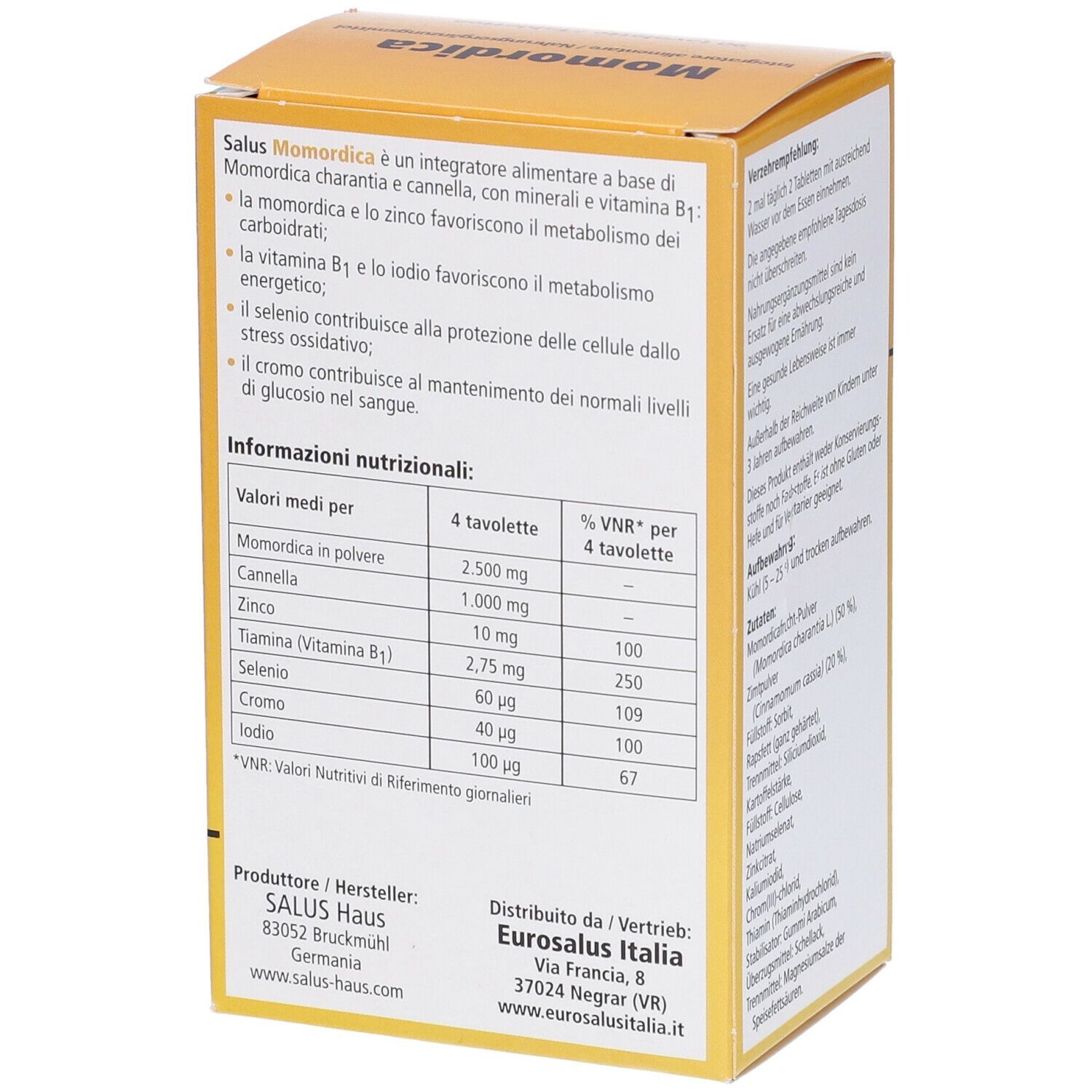 Scatola gialla Salus Momordica. Vista laterale con testo. Informazioni su ingredienti e valori nutrizionali. 90 compresse.