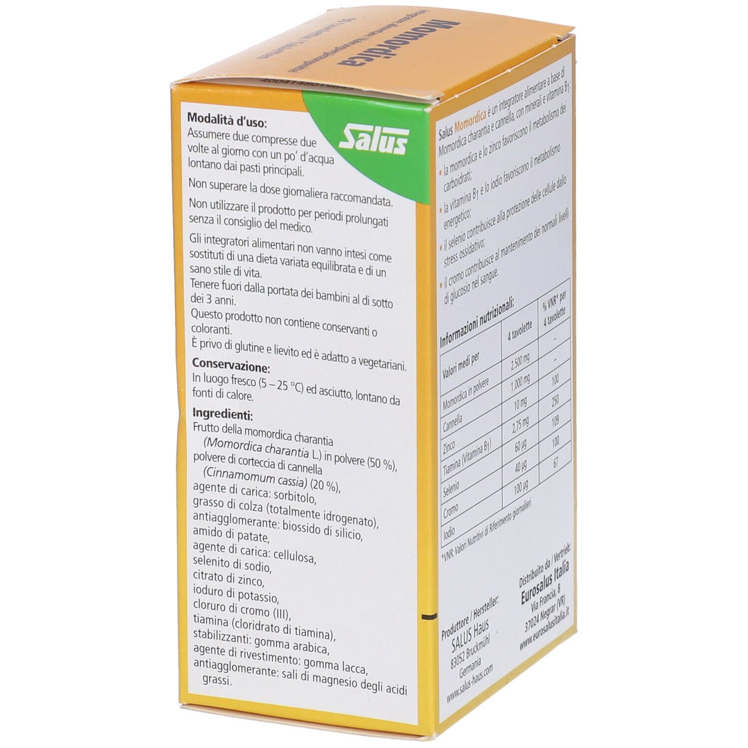 Scatola gialla Salus Momordica. Vista laterale con testo. Informazioni su uso e ingredienti. 90 compresse.