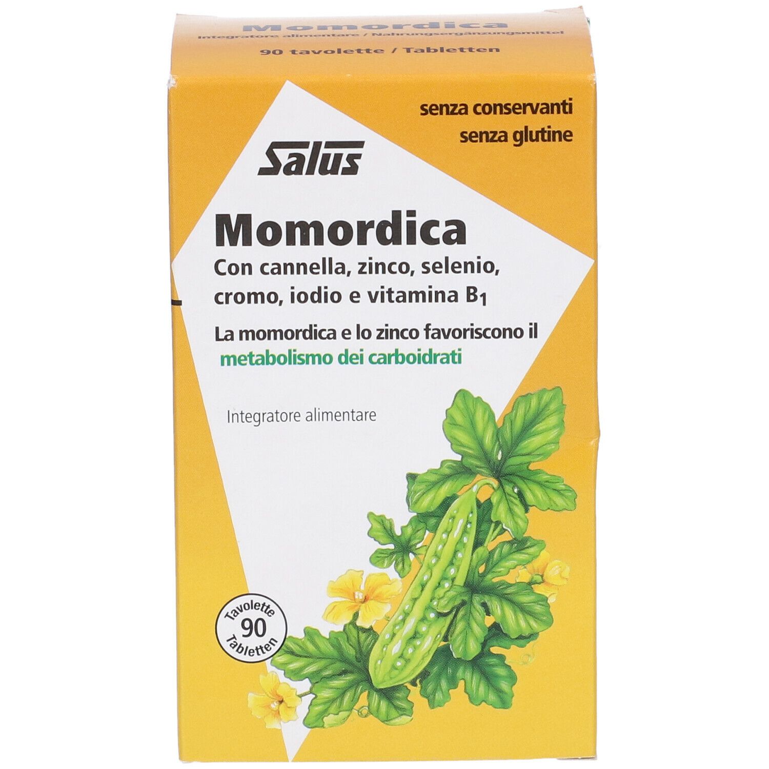 Scatola gialla Salus Momordica. Scritta: Momordica, cannella, zinco, selenio, cromo, iodio, vitamina B1. 90 compresse. Senza conservanti.