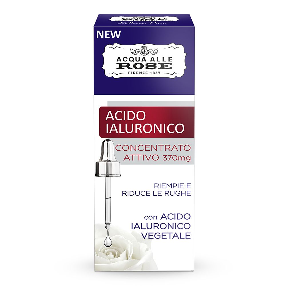 Confezione con prodotto. Scritta: ACQUA ALLE ROSE, Acido Ialuronico, concentrato, 370mg. Con contagocce.