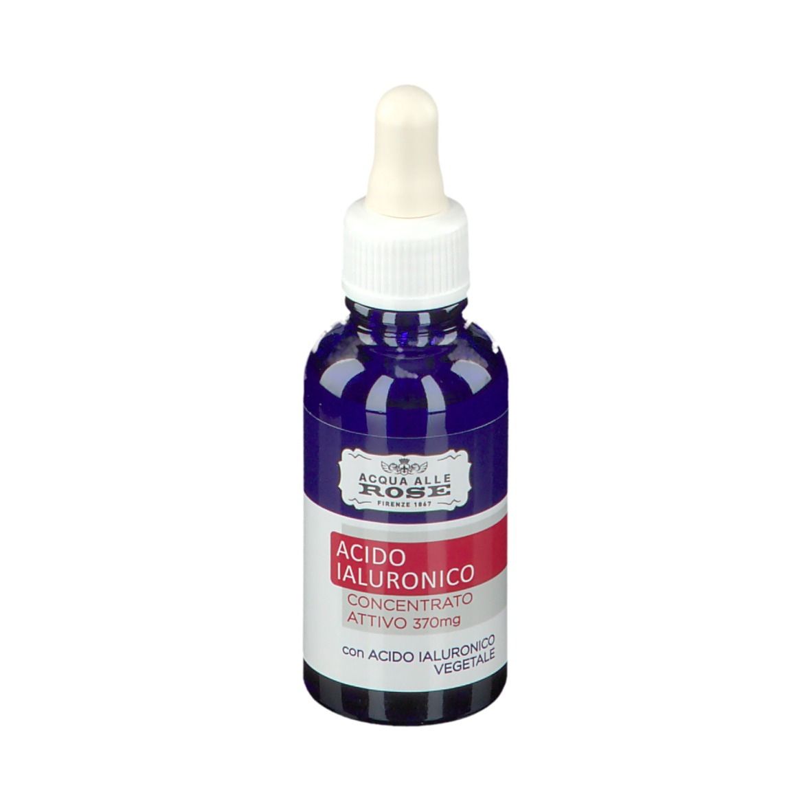 Flacone blu con tappo bianco e contagocce. Scritta: ACQUA ALLE ROSE, Acido Ialuronico, concentrato, 370mg.