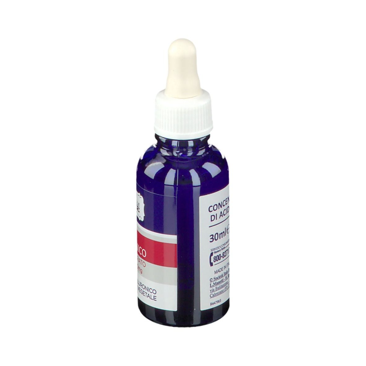 Flacone blu con tappo bianco e contagocce. Scritta: Concentrato, 30ml. Con simbolo di riciclaggio.