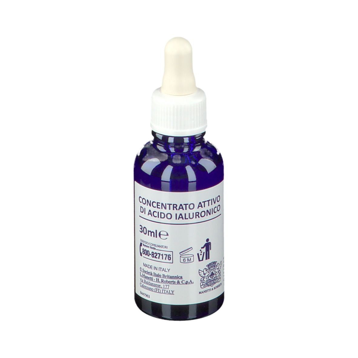 Flacone blu con tappo bianco e contagocce. Scritta: Concentrato, 30ml. Con simbolo di riciclaggio e numero di telefono.