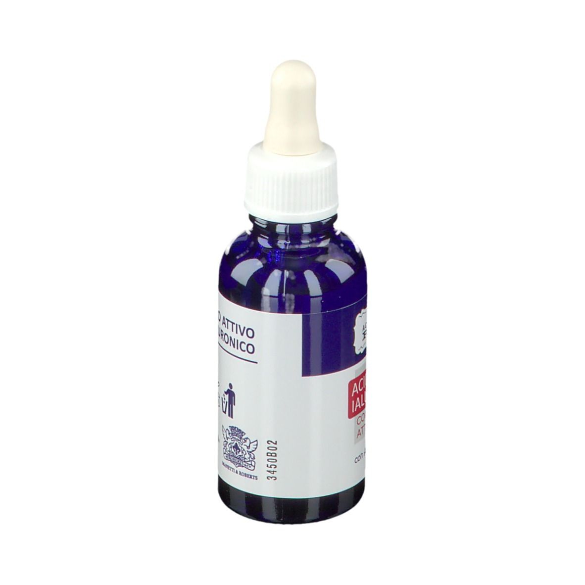 Flacone blu con tappo bianco e contagocce. Scritta: Concentrato, 30ml. Con simbolo di riciclaggio e informazioni di produzione.