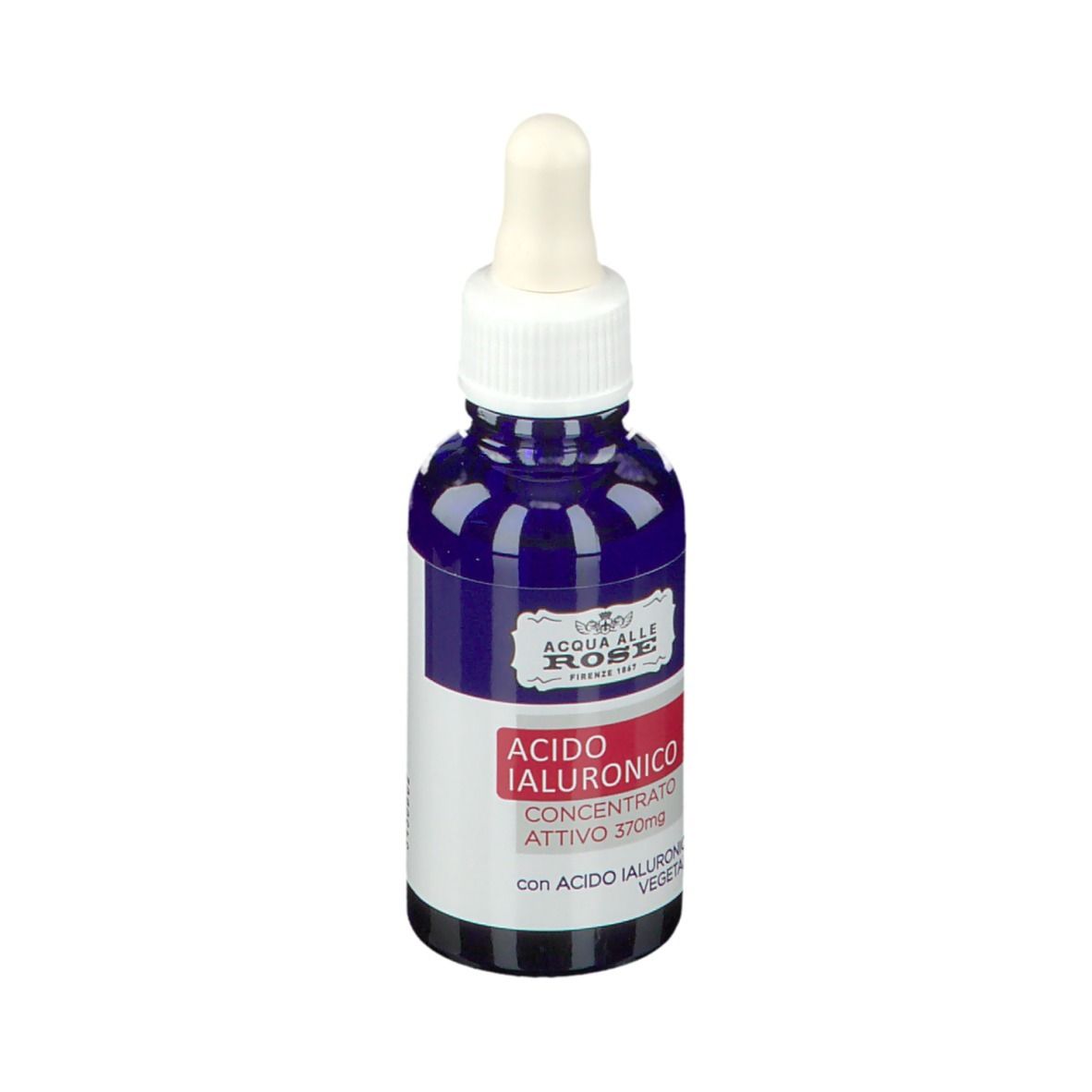 Flacone blu con tappo bianco e contagocce. Scritta: ACQUA ALLE ROSE, Acido Ialuronico, concentrato, 370mg.