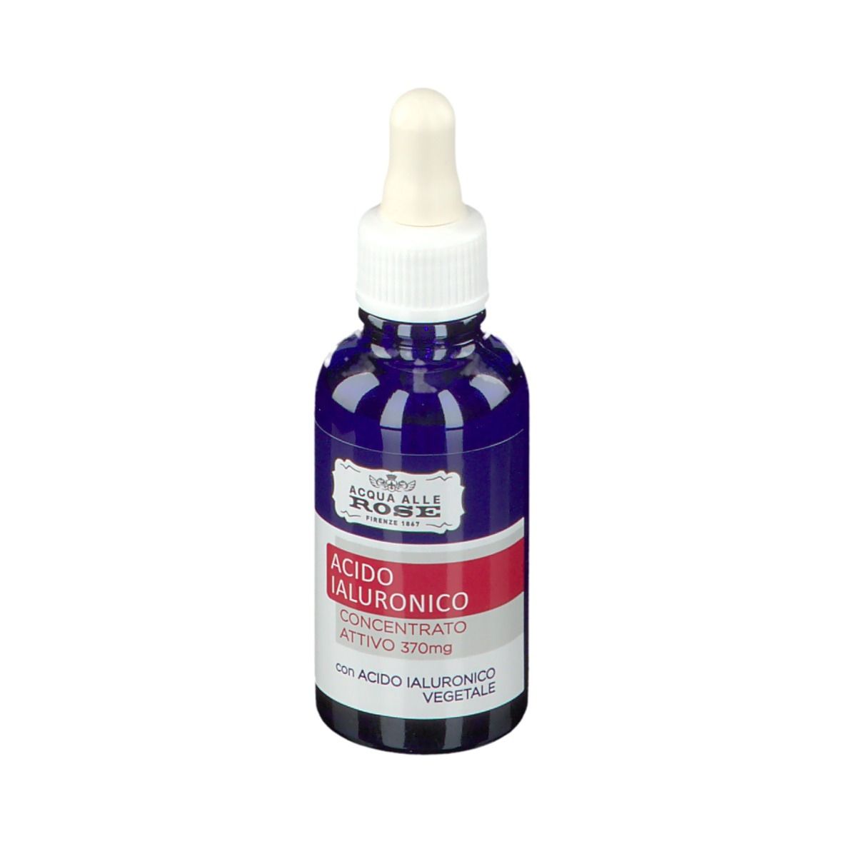 Flacone blu con tappo bianco e contagocce. Scritta: ACQUA ALLE ROSE, Acido Ialuronico, concentrato, 370mg.