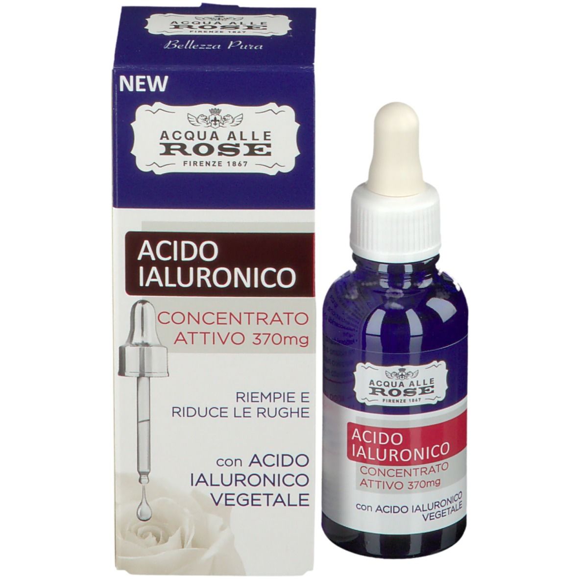 Prodotto e confezione. Flacone blu con contagocce e scatola. Scritta: ACQUA ALLE ROSE, Acido Ialuronico, concentrato.