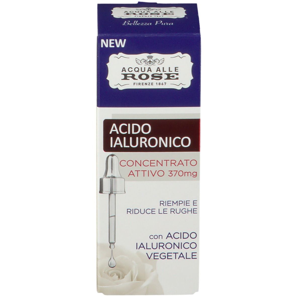 Prodotto e confezione. Flacone blu con contagocce e scatola. Scritta: ACQUA ALLE ROSE, Acido Ialuronico, concentrato.