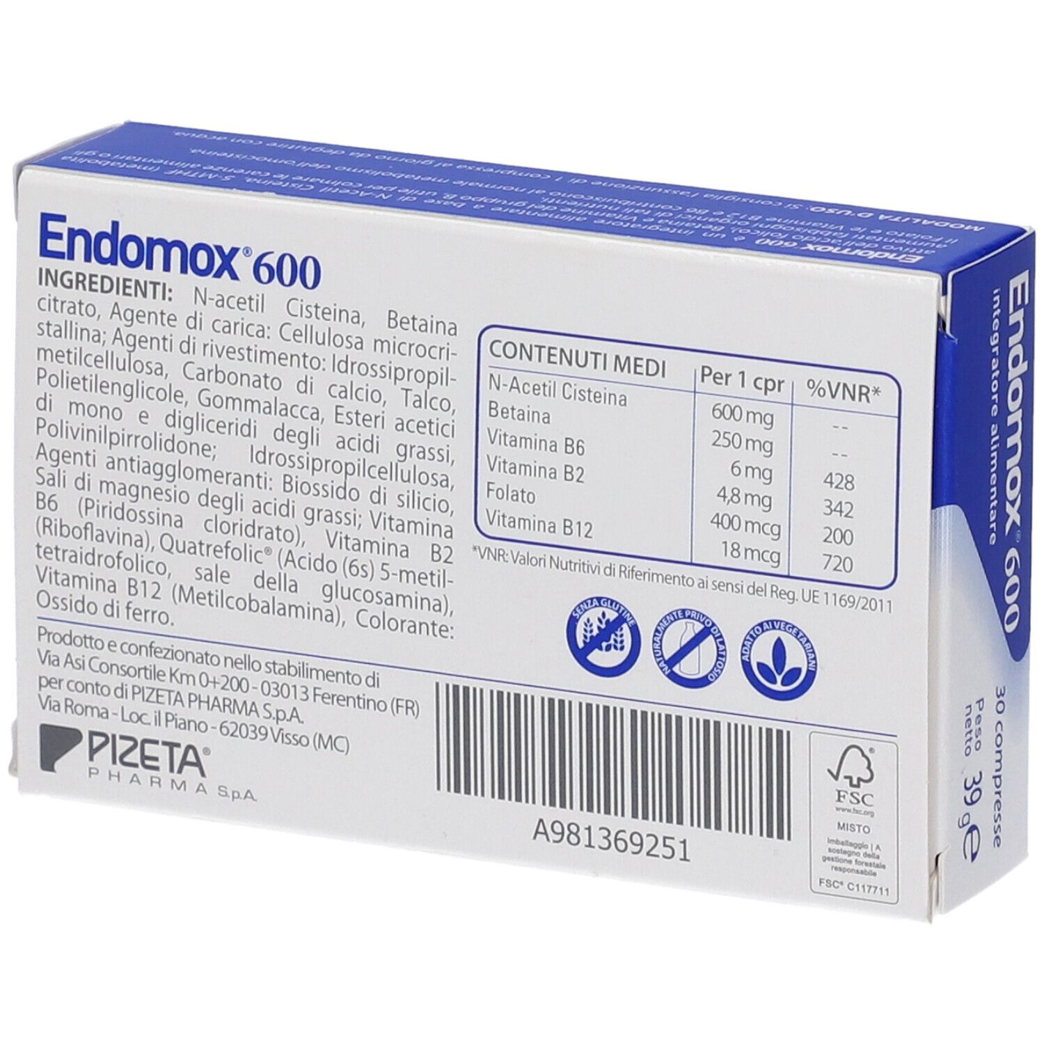 Retro della scatola "Endomox 600". Contiene ingredienti, informazioni nutrizionali e produttore. Sfondo bianco.