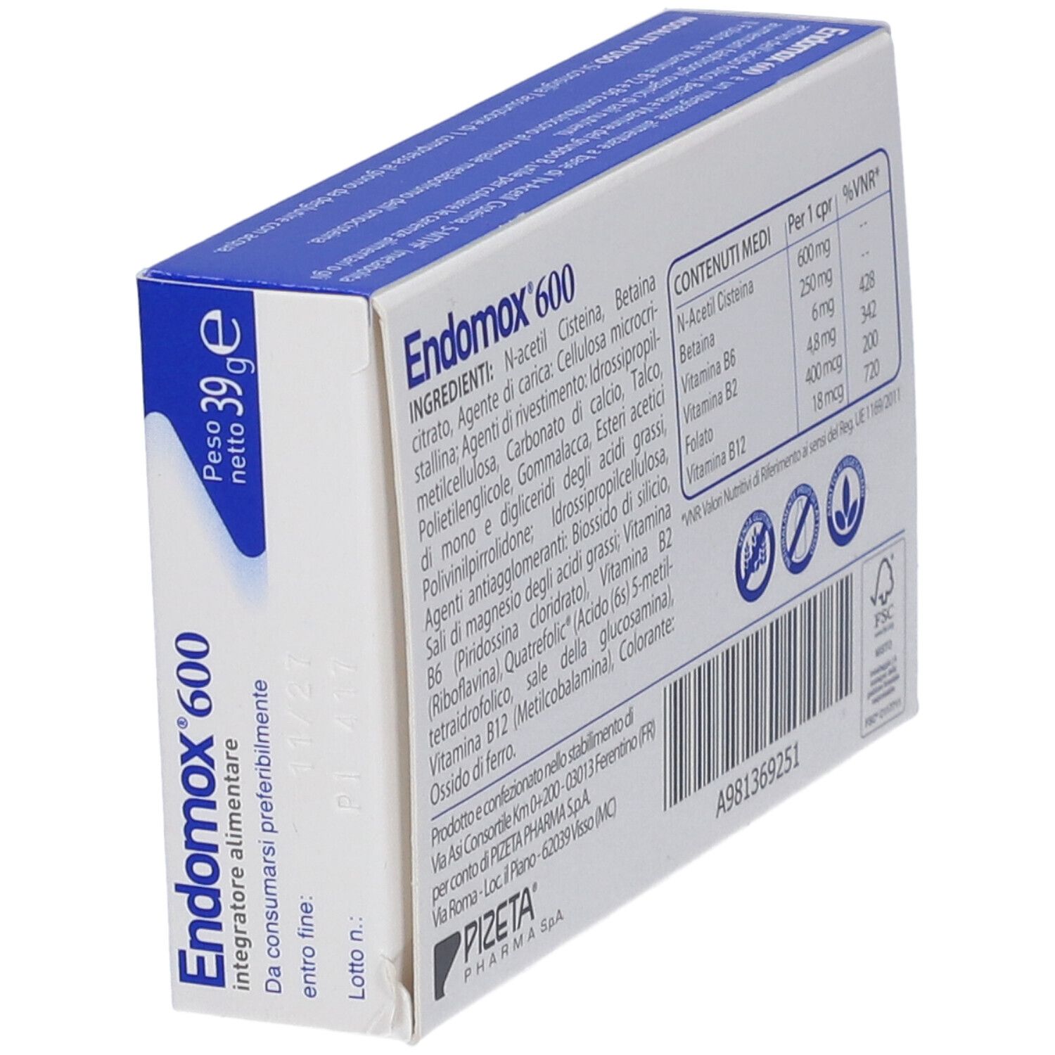 Scatola "Endomox 600" con ingredienti e informazioni nutrizionali. Contiene informazioni del produttore. Confezione blu e bianca.