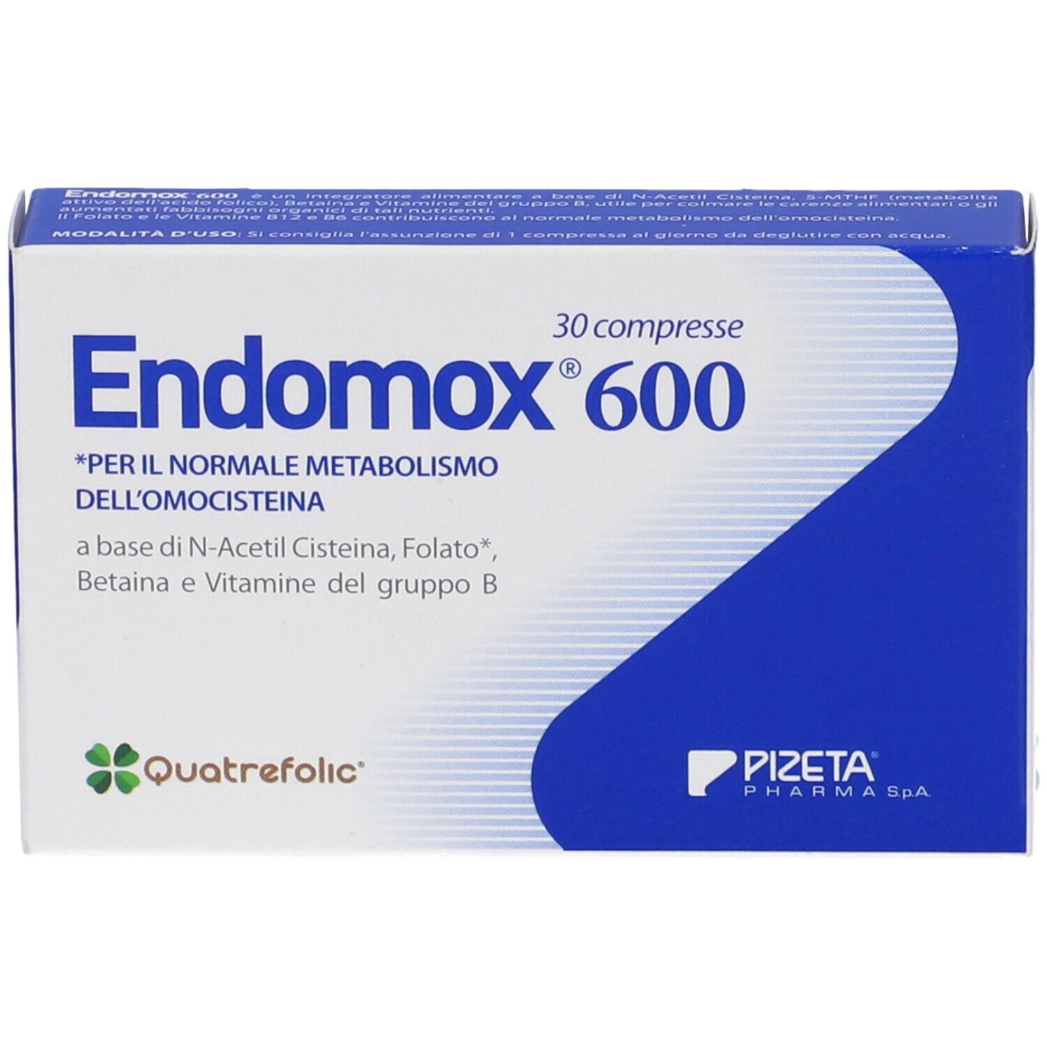 Scatola "Endomox 600" con 30 compresse. Contiene informazioni sugli ingredienti e il produttore. Confezione blu e bianca.