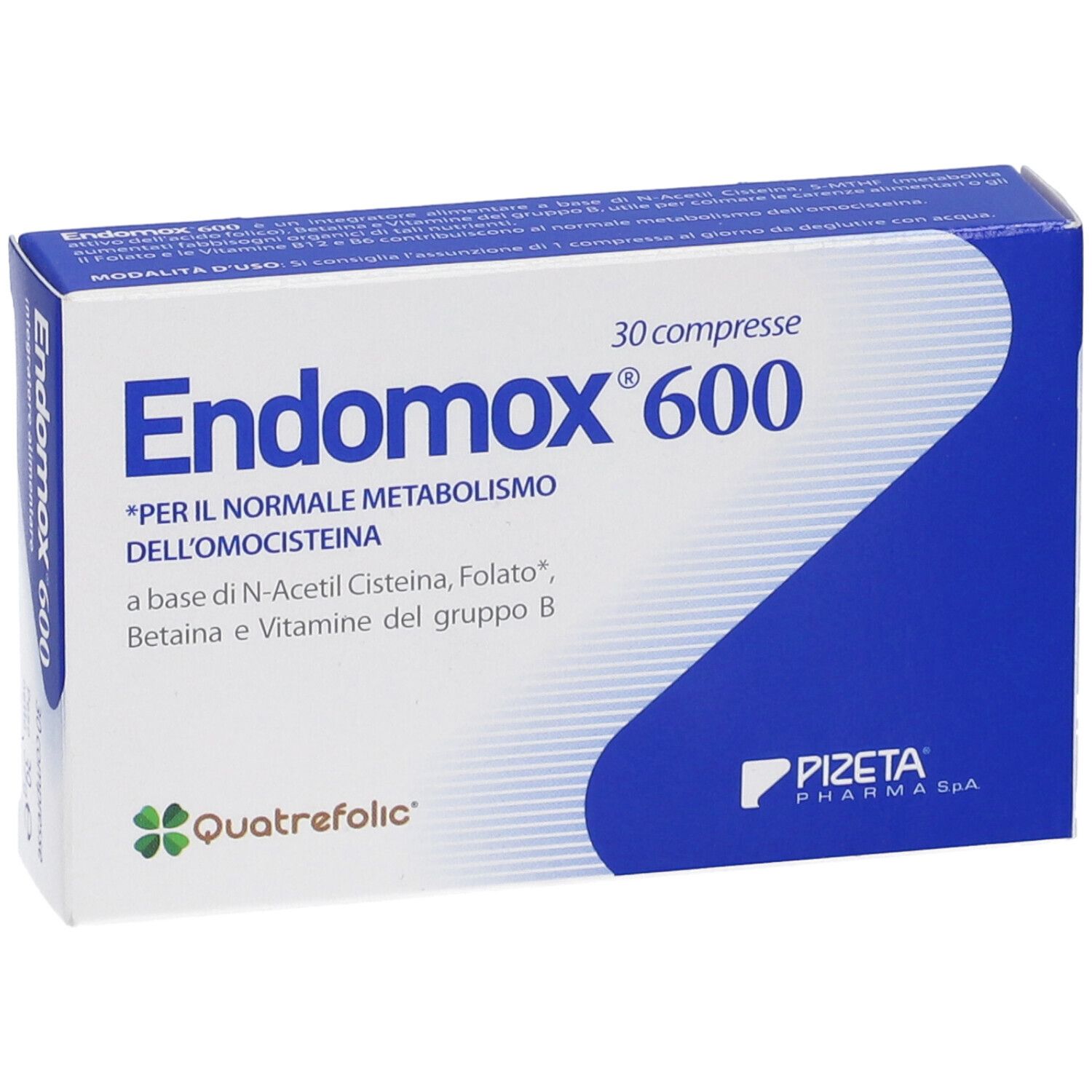 Scatola "Endomox 600" con 30 compresse. Contiene informazioni sugli ingredienti e il produttore. Confezione blu e bianca.