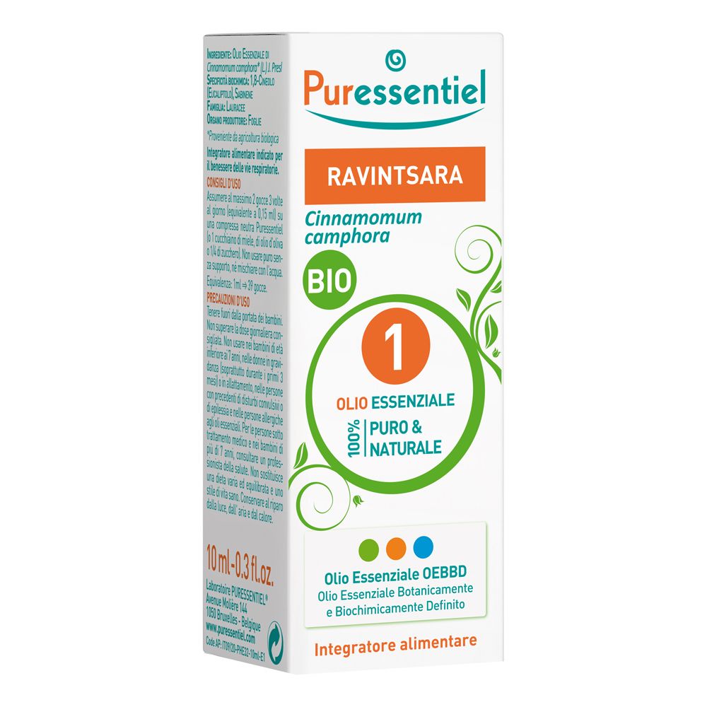 Olio essenziale Ravintsara Puressentiel. Scatola bianca, foglie verdi, etichetta BIO. Striscia arancione con nome prodotto.