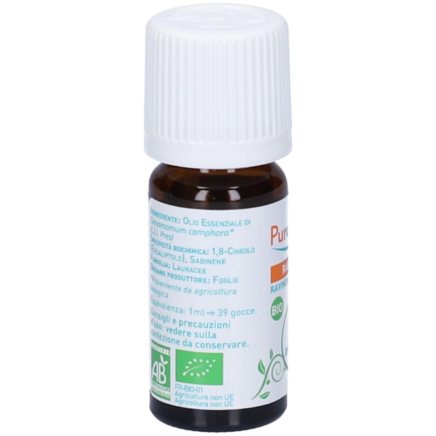 Flacone di vetro marrone con tappo bianco. Etichetta con nome prodotto e sigillo BIO. Elementi verdi e arancioni.