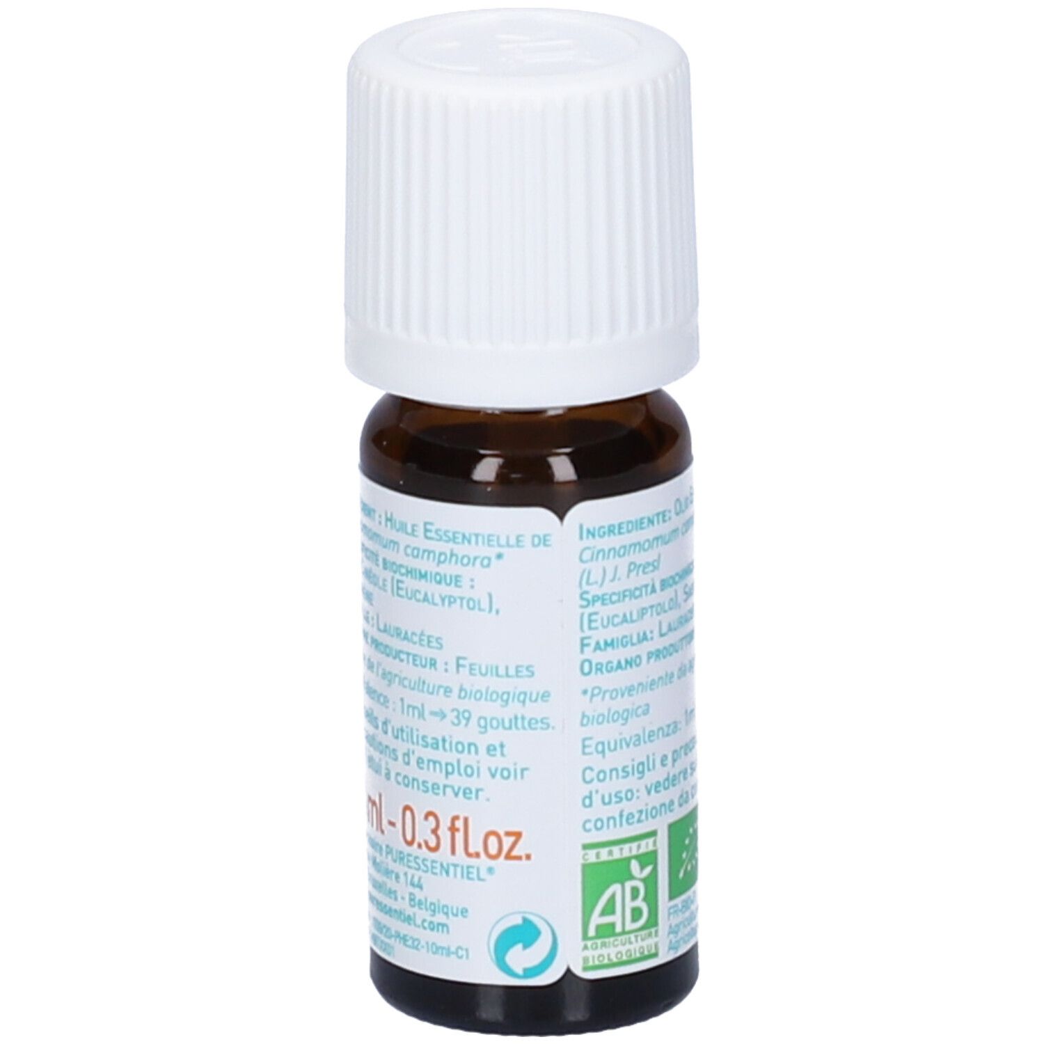 Flacone di vetro marrone con tappo bianco. Etichetta con nome prodotto e sigillo BIO. Elementi verdi e arancioni.