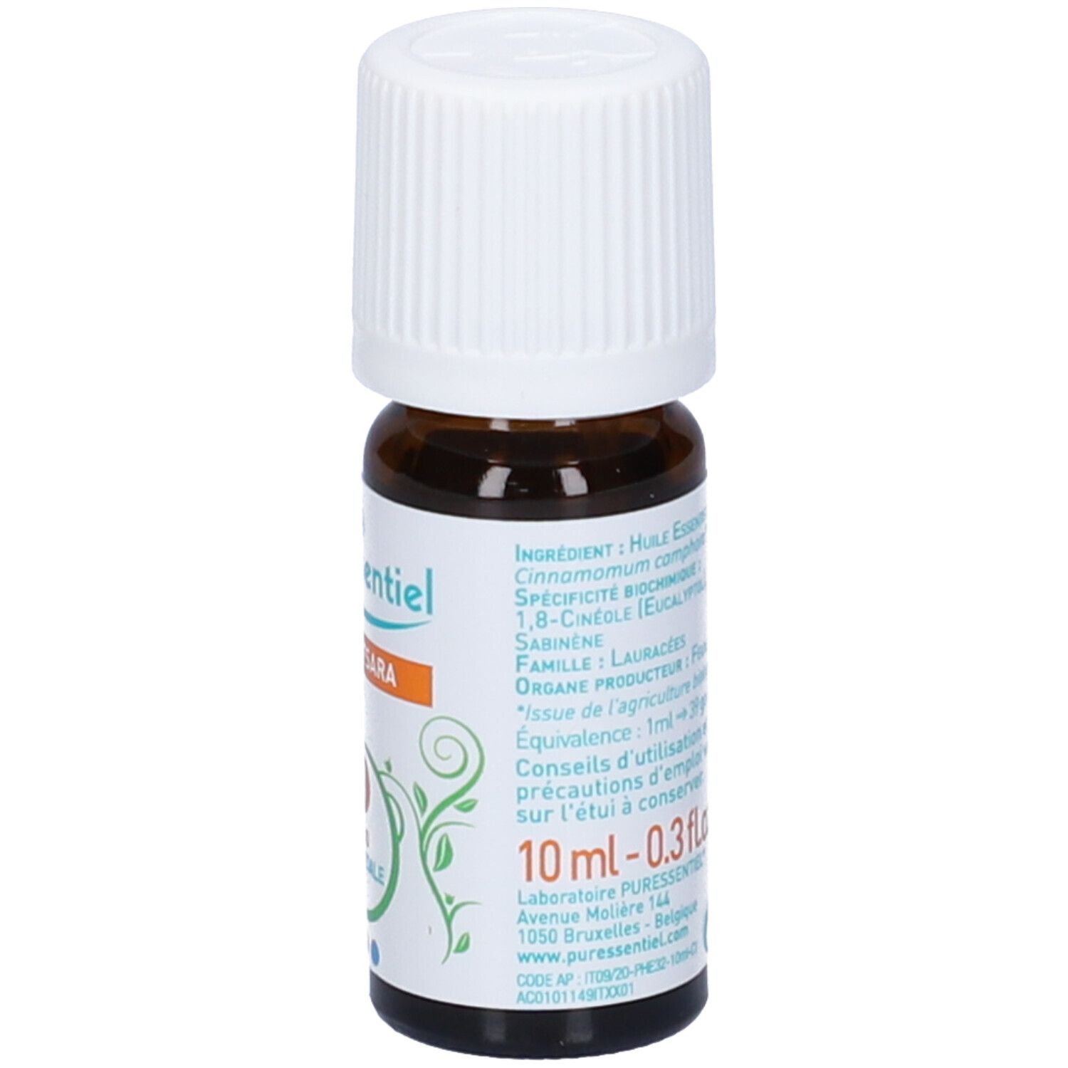 Flacone di vetro marrone con tappo bianco. Etichetta con nome prodotto e sigillo BIO. Elementi verdi e arancioni.