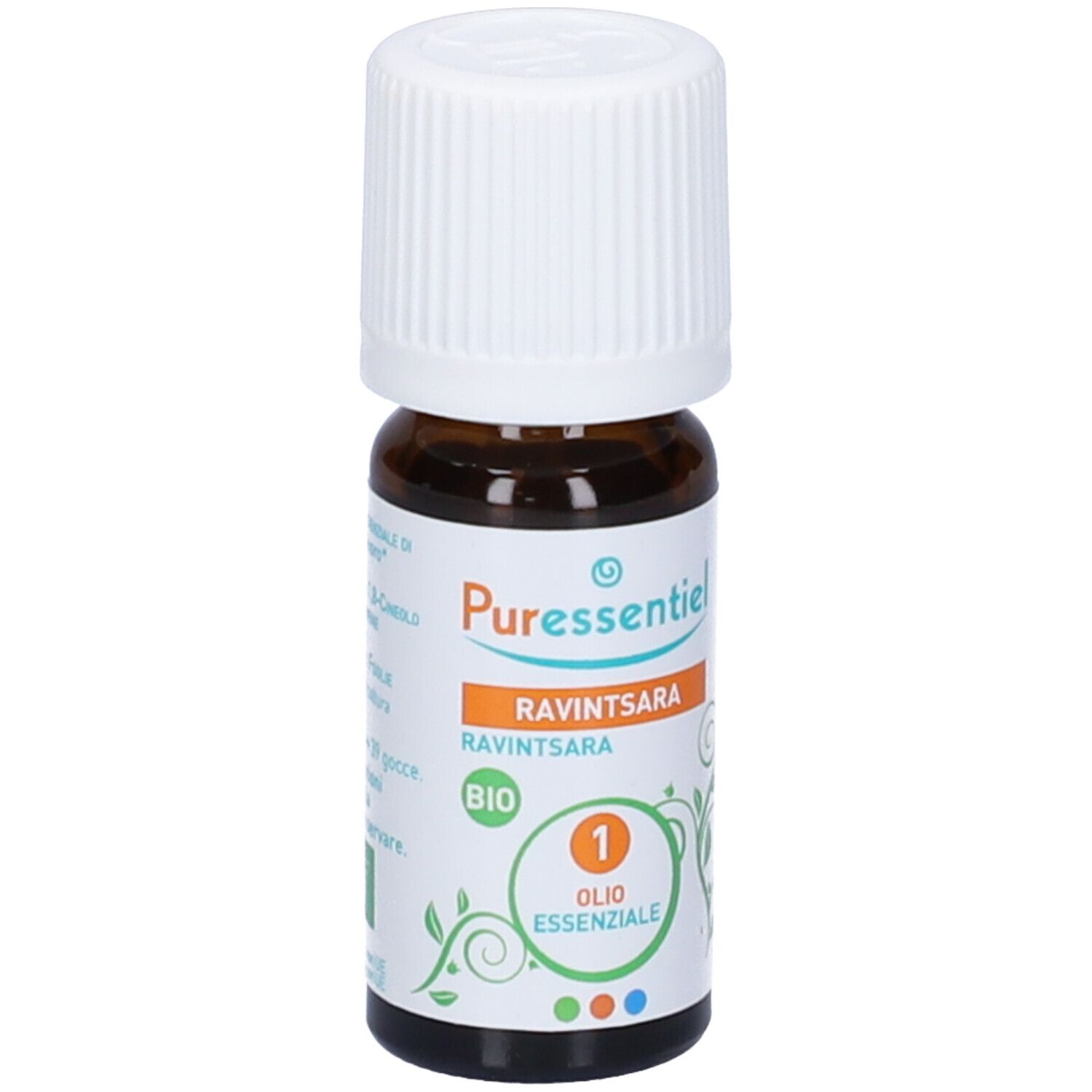 Flacone di vetro marrone con tappo bianco. Etichetta con nome prodotto e sigillo BIO. Elementi verdi e arancioni.