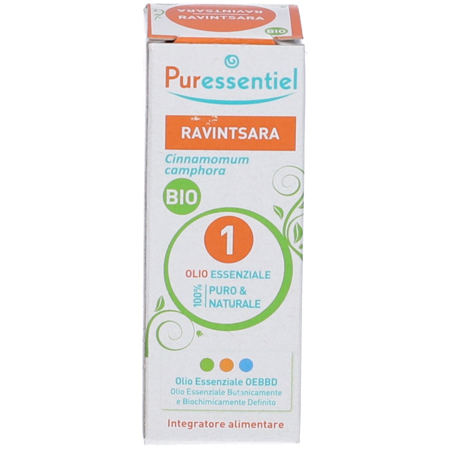 Flacone e scatola Puressentiel Ravintsara. Flacone marrone, tappo bianco. Scatola con sigillo BIO e nome prodotto.