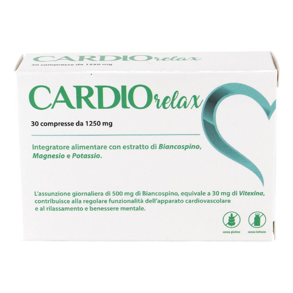 Scatola "Cardio Relax" con 30 compresse. Contiene biancospino, magnesio e potassio. Senza glutine e lattosio.