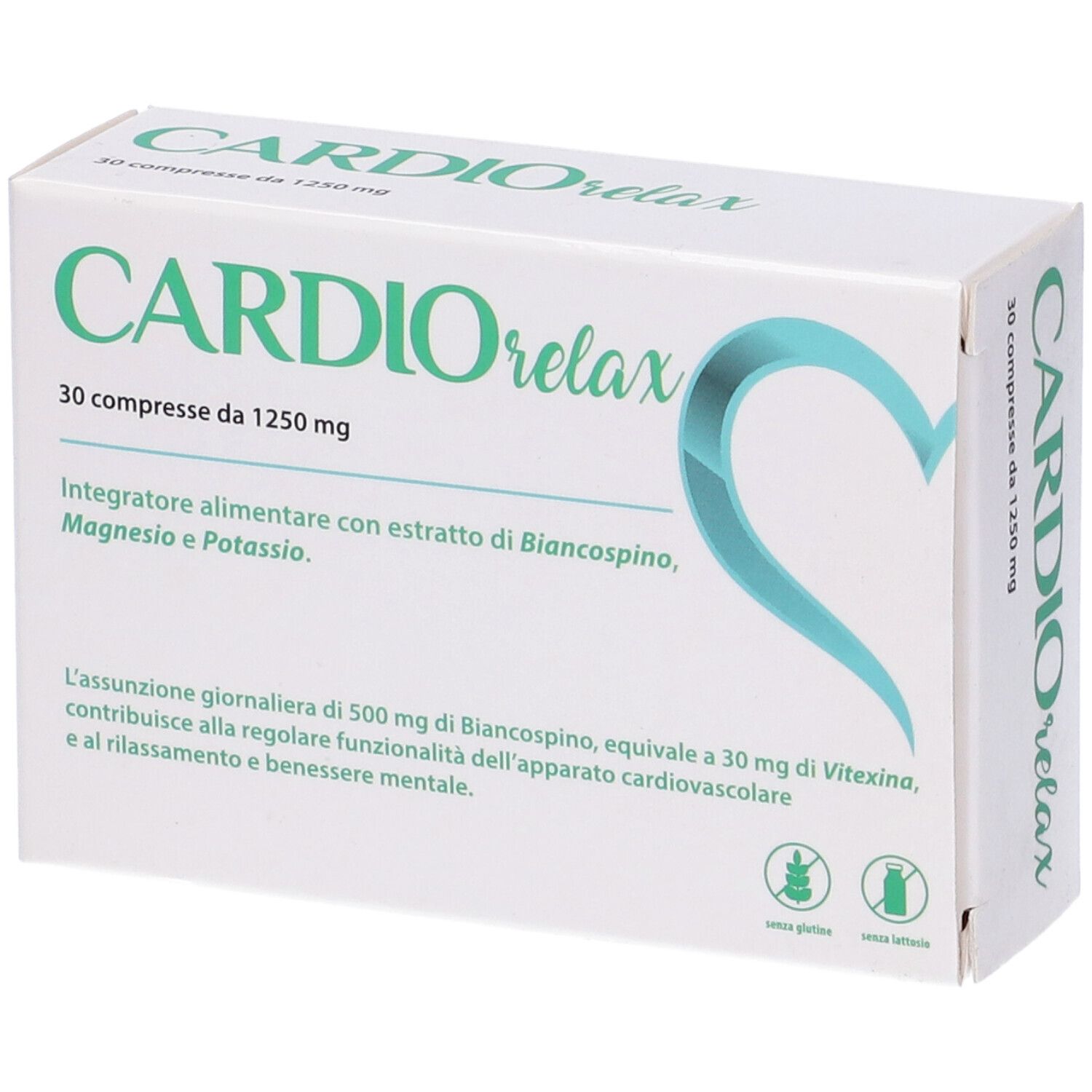 Scatola "Cardio Relax" con 30 compresse. Contiene biancospino, magnesio e potassio. Senza glutine e lattosio.