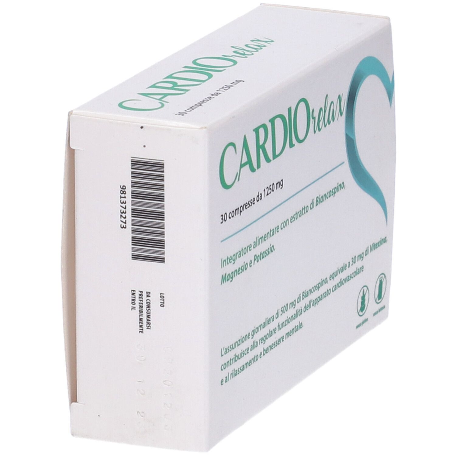Scatola "Cardio Relax" con 30 compresse. Contiene biancospino, magnesio e potassio. Retro con testo e QR code.