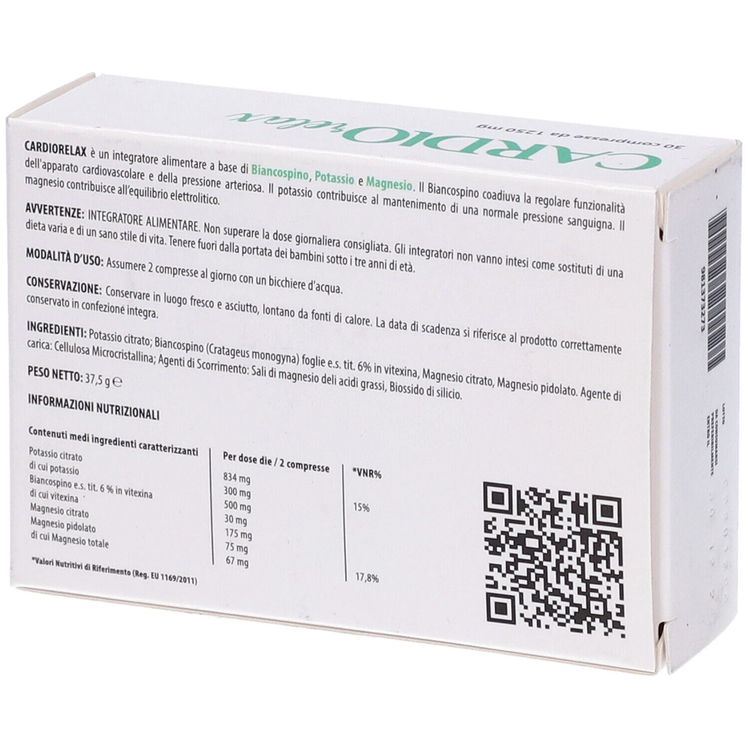 Scatola "Cardio Relax" con 30 compresse. Contiene biancospino, magnesio e potassio. Retro con testo e QR code.