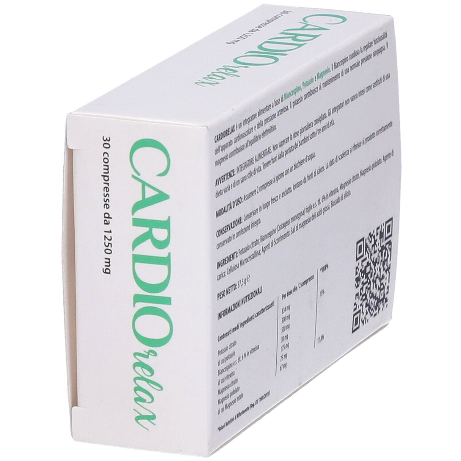 Scatola "Cardio Relax" con 30 compresse. Contiene biancospino, magnesio e potassio. Retro con testo e QR code.